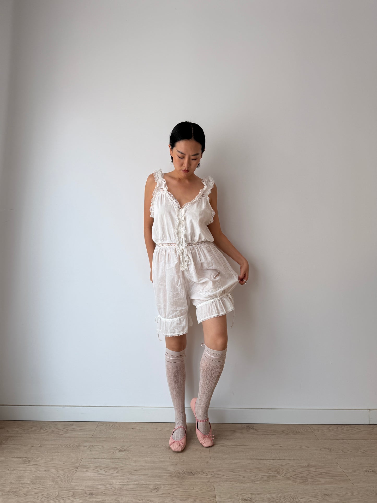 Antique Edwardian Cotton Jumpsuit, Floral Embroidered Lace Romper,