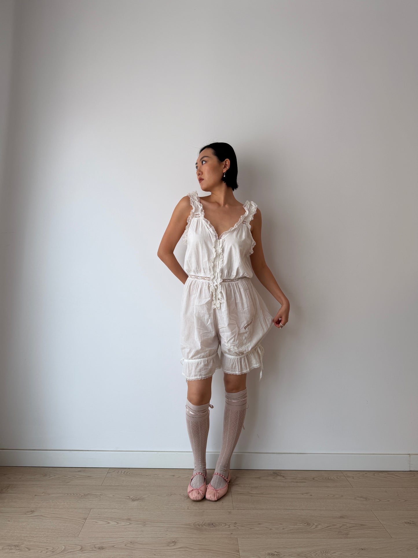 Antique Edwardian Cotton Jumpsuit, Floral Embroidered Lace Romper,