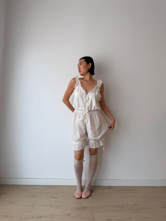 Antique Edwardian Cotton Jumpsuit, Floral Embroidered Lace Romper,