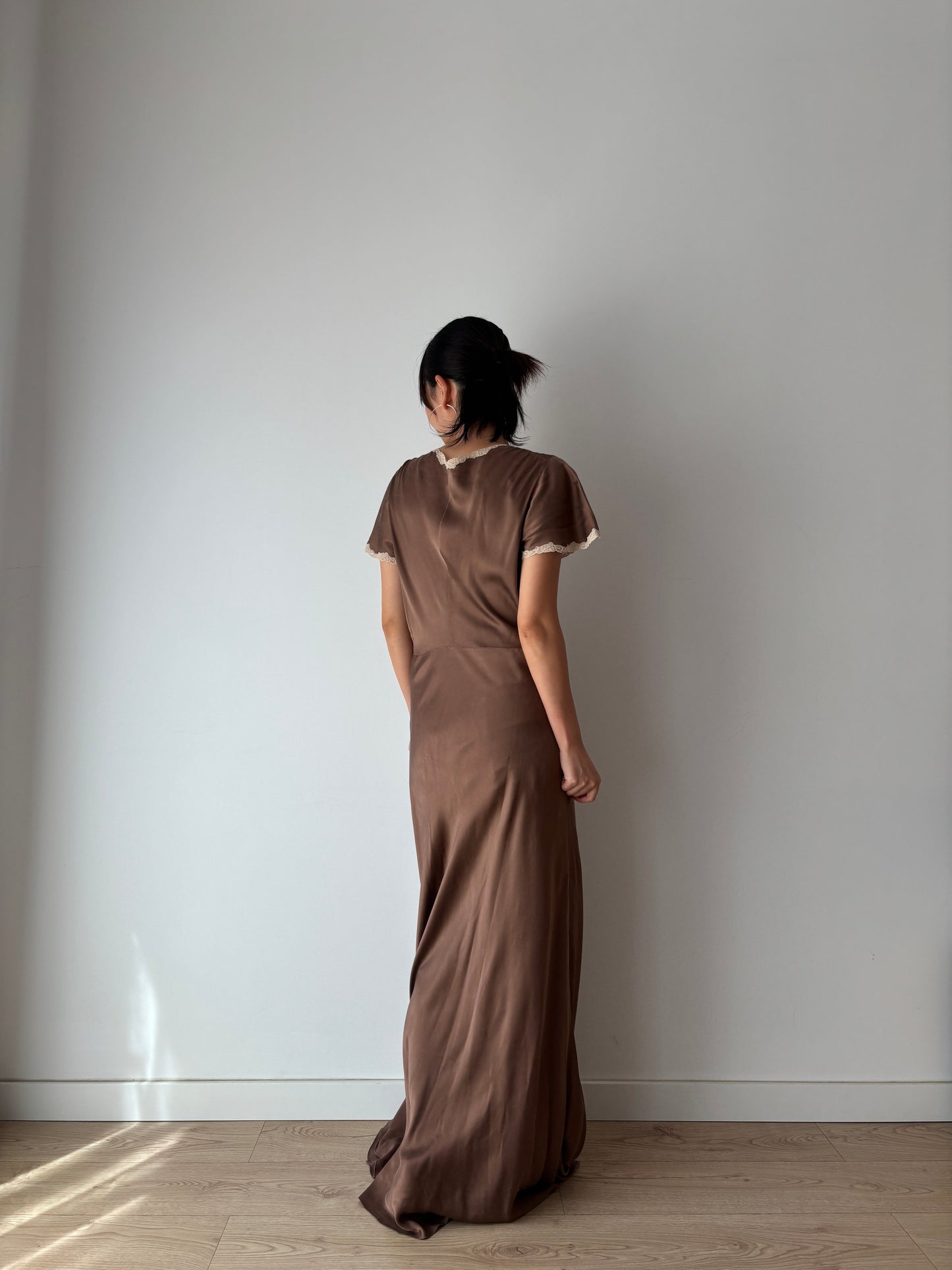 1960s 100% Silk Brown Floral Embroidered French Lace Long Vintage Slip Maxi dress