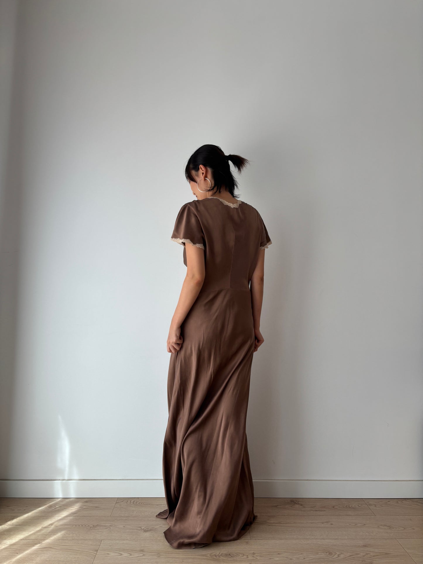 1960s 100% Silk Brown Floral Embroidered French Lace Long Vintage Slip Maxi dress