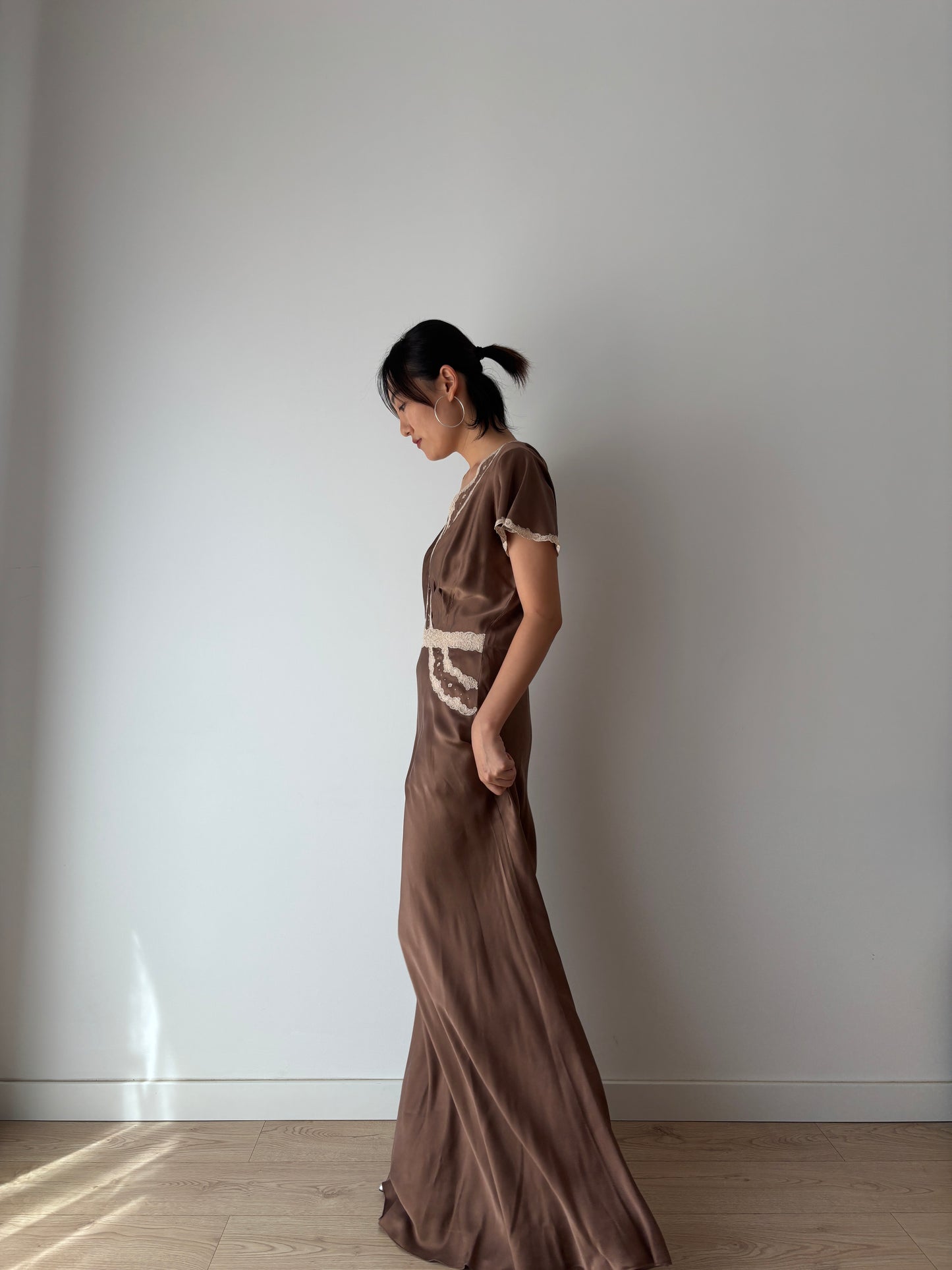 1960s 100% Silk Brown Floral Embroidered French Lace Long Vintage Slip Maxi dress