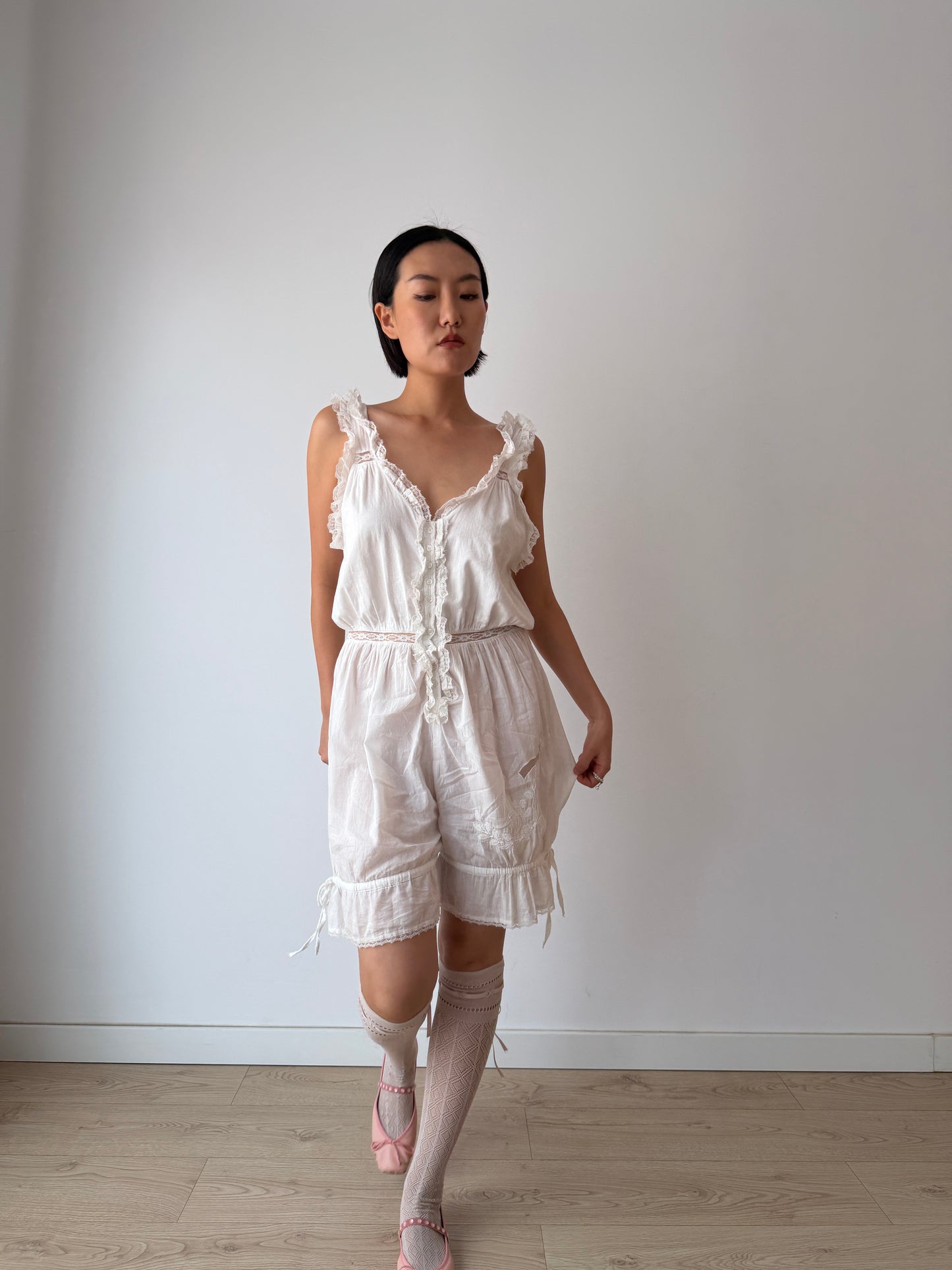Antique Edwardian Cotton Jumpsuit, Floral Embroidered Lace Romper,