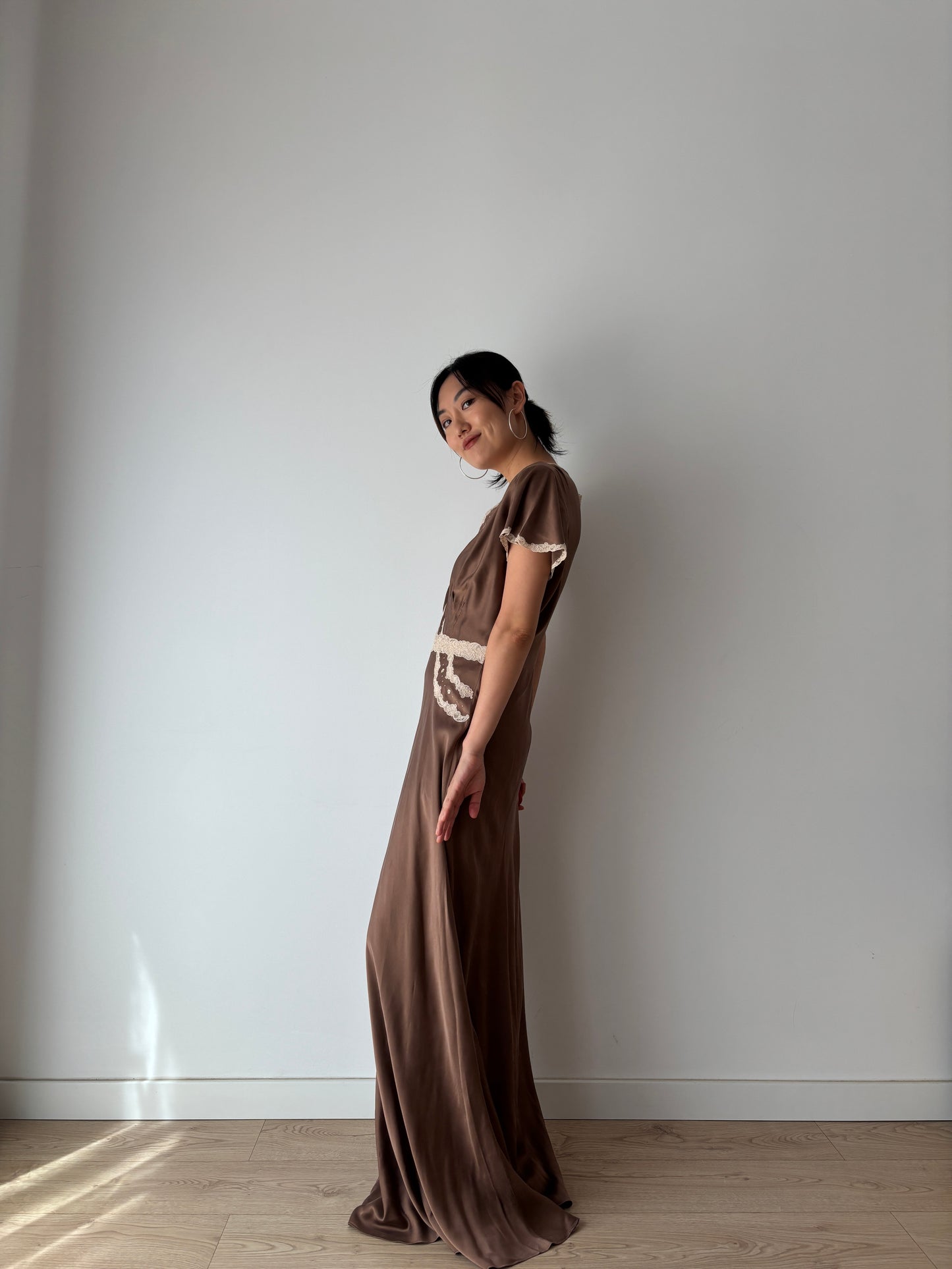 1960s 100% Silk Brown Floral Embroidered French Lace Long Vintage Slip Maxi dress