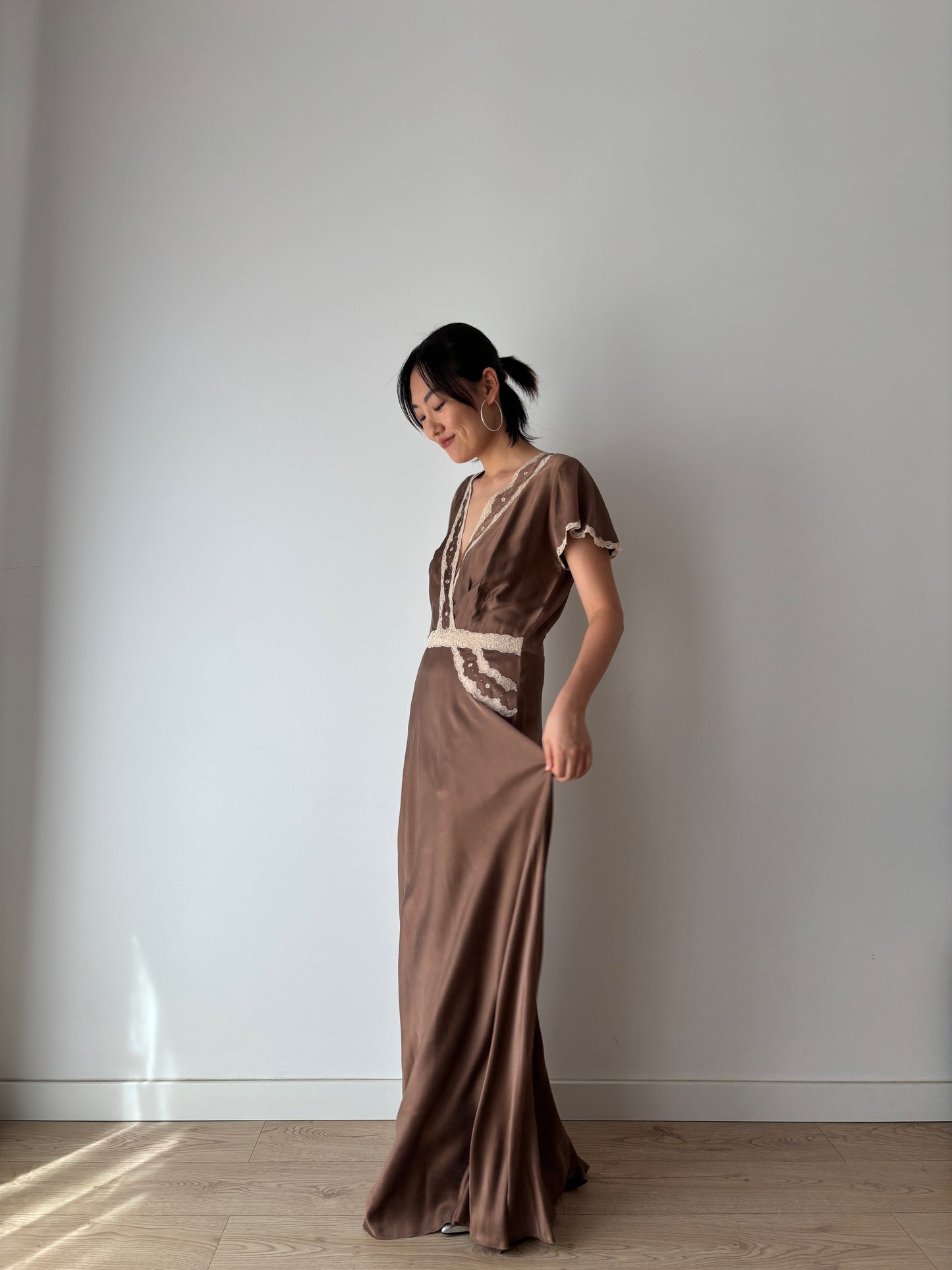 1960s 100% Silk Brown Floral Embroidered French Lace Long Vintage Slip Maxi dress