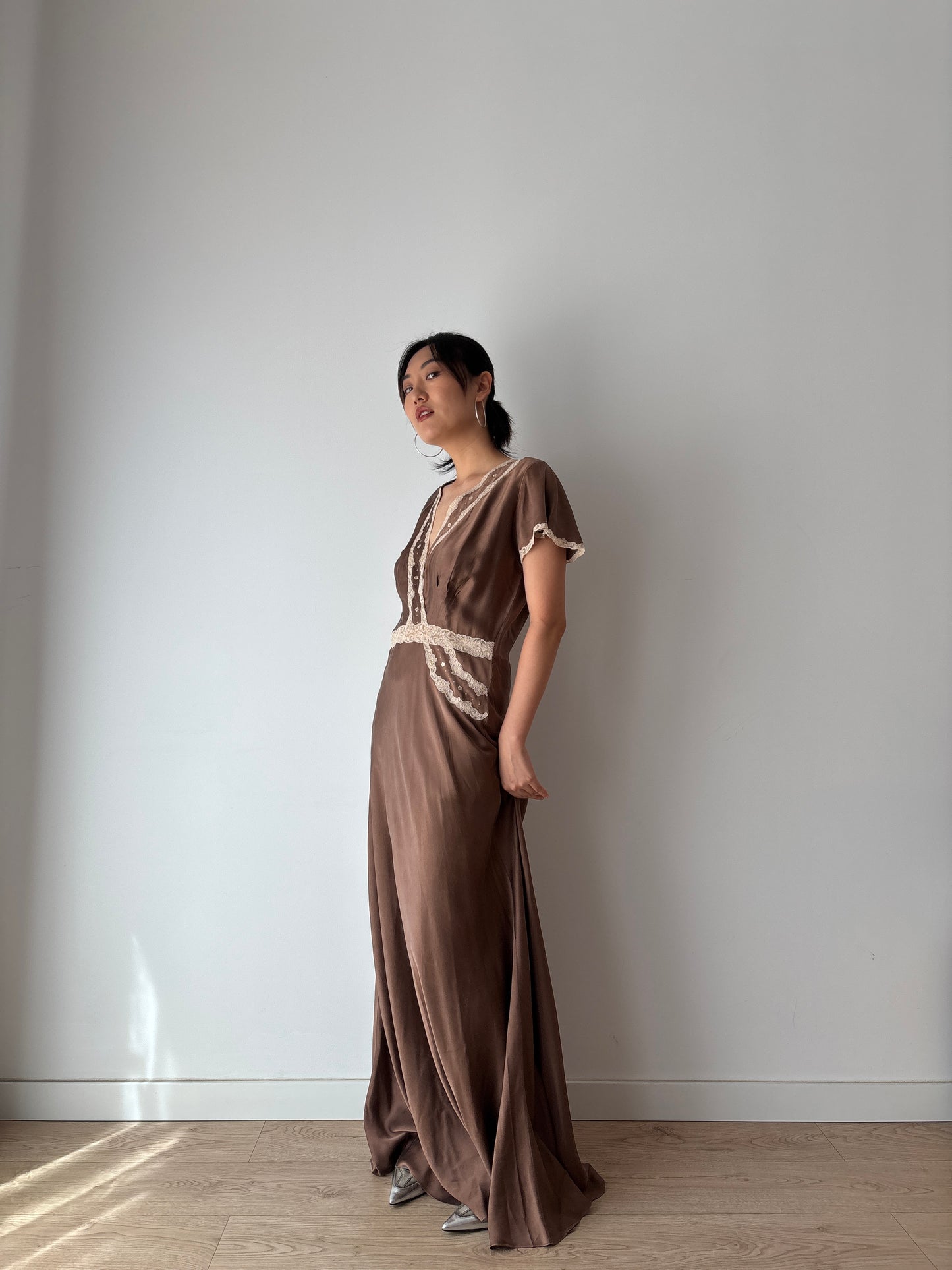 1960s 100% Silk Brown Floral Embroidered French Lace Long Vintage Slip Maxi dress