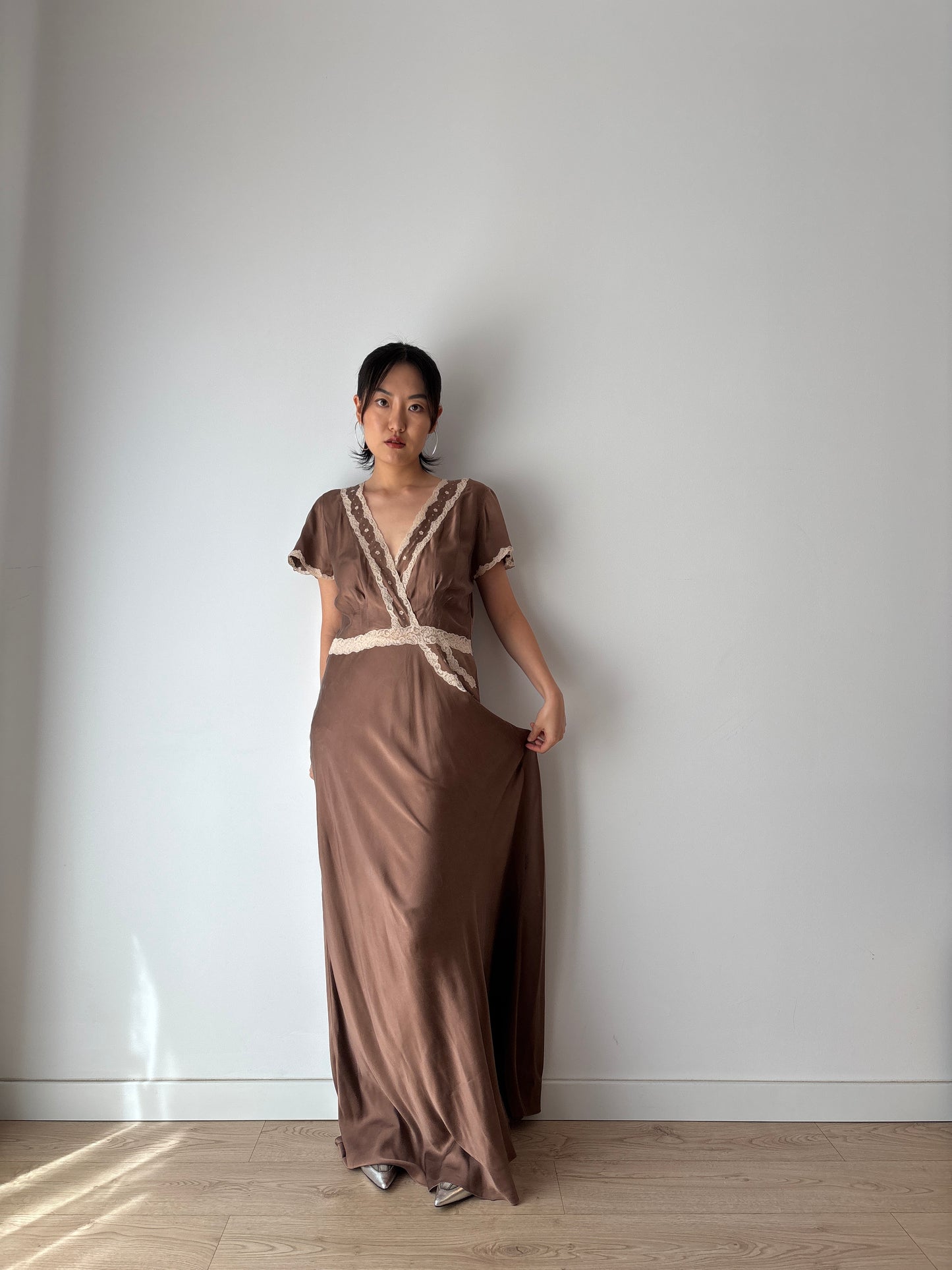 1960s 100% Silk Brown Floral Embroidered French Lace Long Vintage Slip Maxi dress