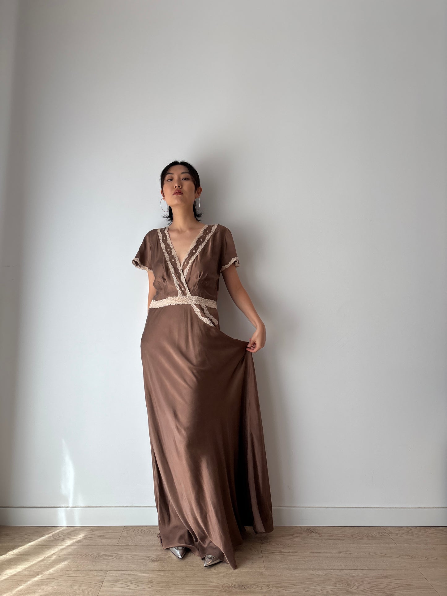 1960s 100% Silk Brown Floral Embroidered French Lace Long Vintage Slip Maxi dress