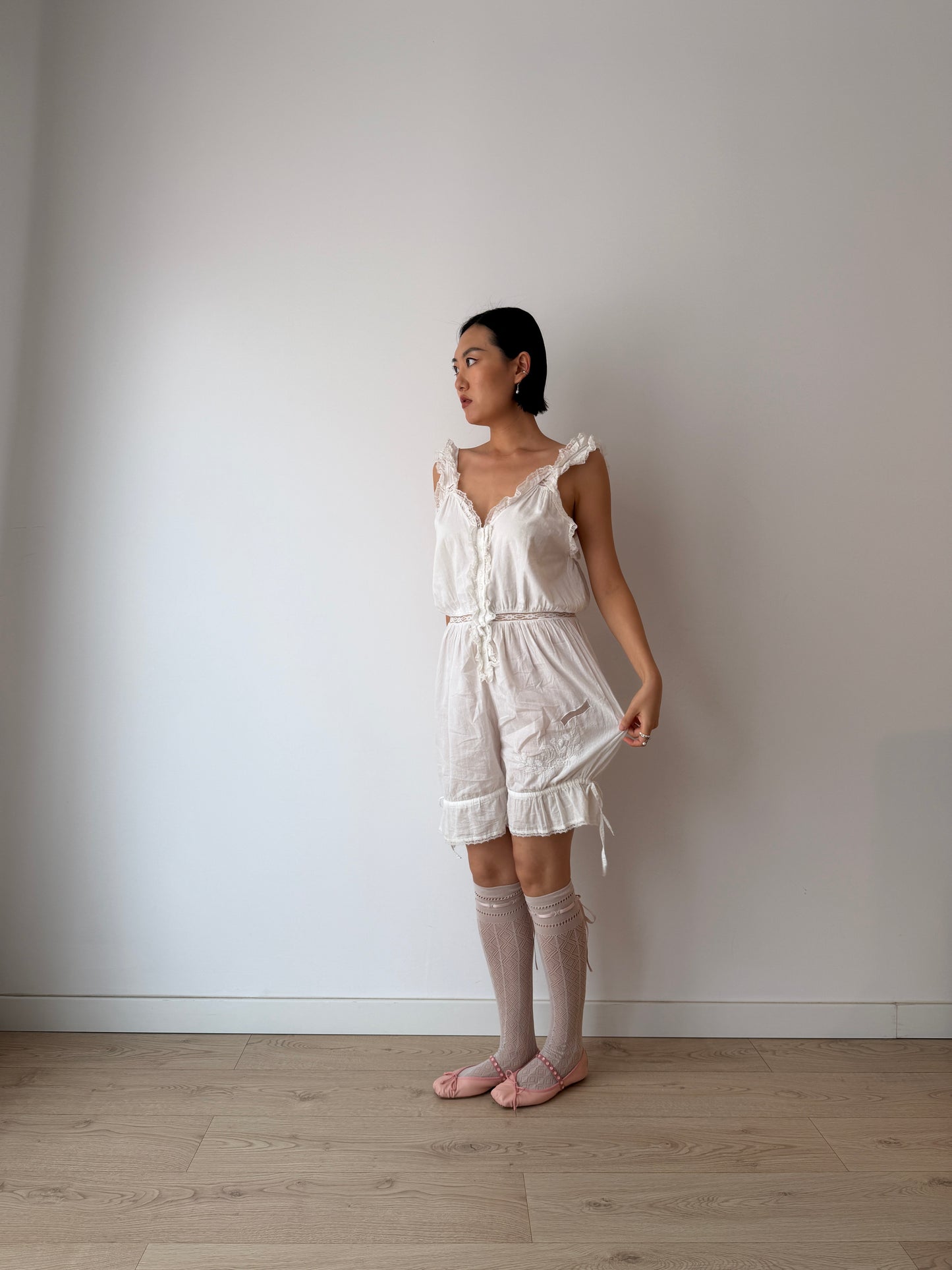 Antique Edwardian Cotton Jumpsuit, Floral Embroidered Lace Romper,