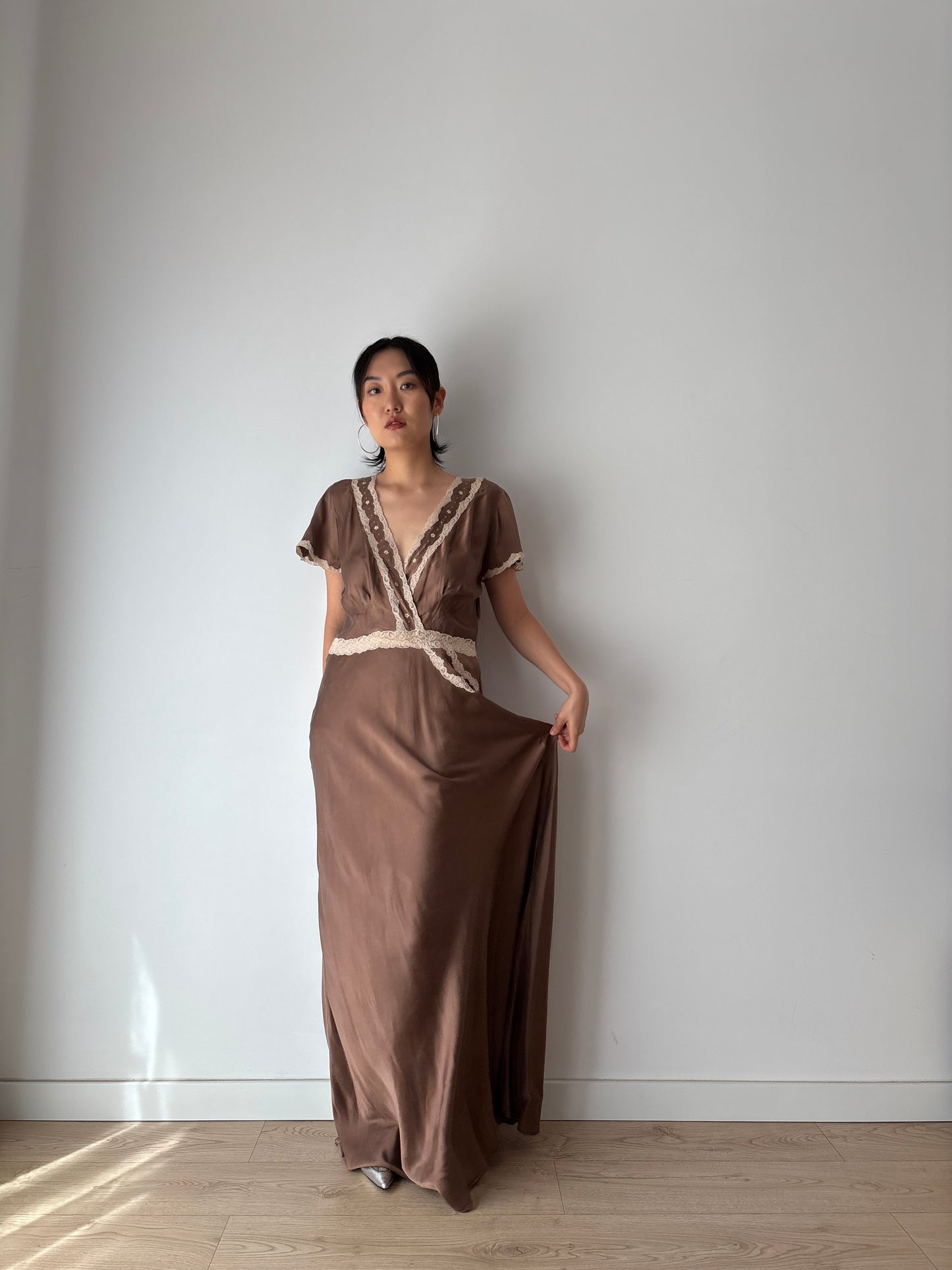 1960s 100% Silk Brown Floral Embroidered French Lace Long Vintage Slip Maxi dress