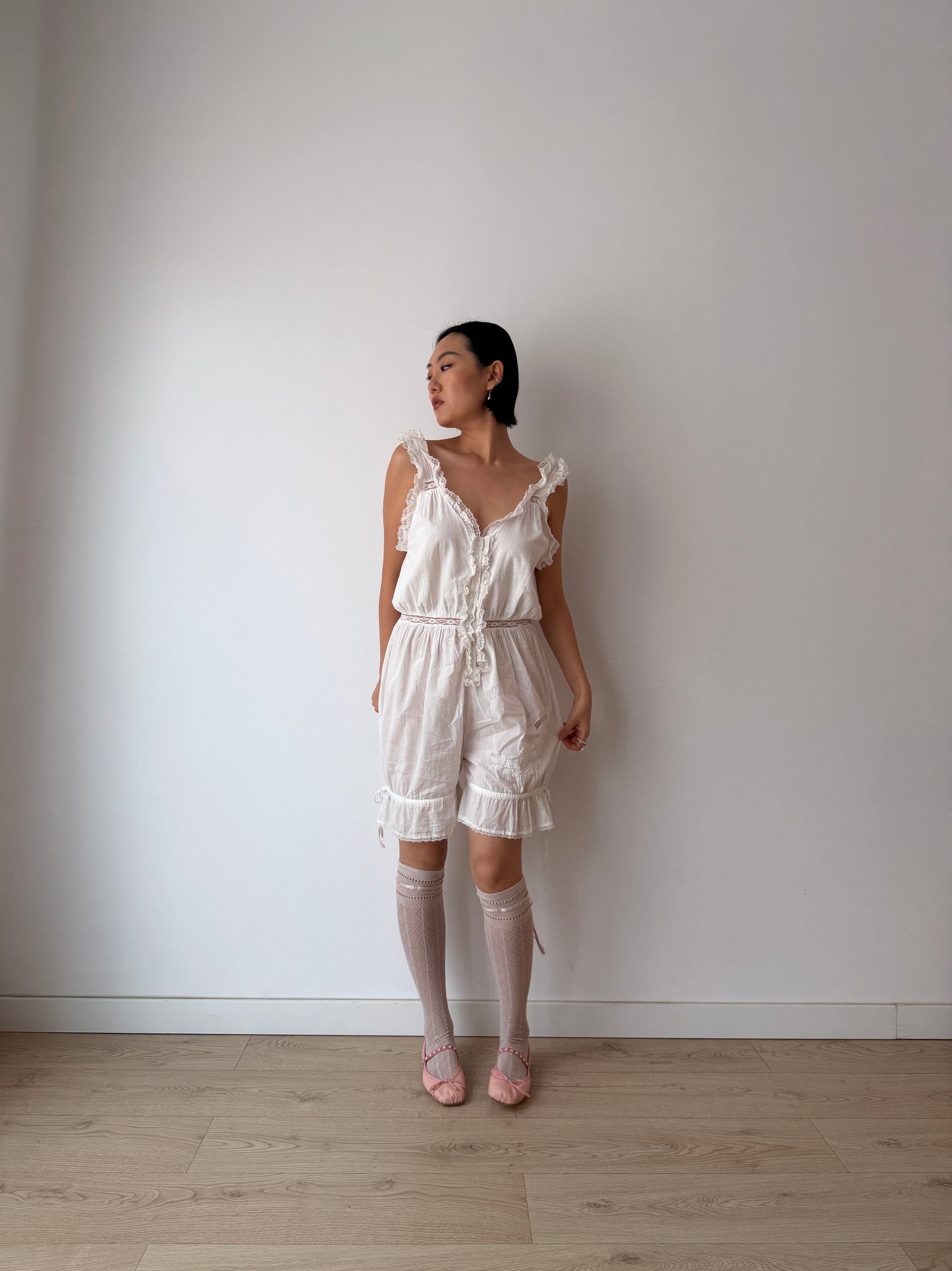Antique Edwardian Cotton Jumpsuit, Floral Embroidered Lace Romper,