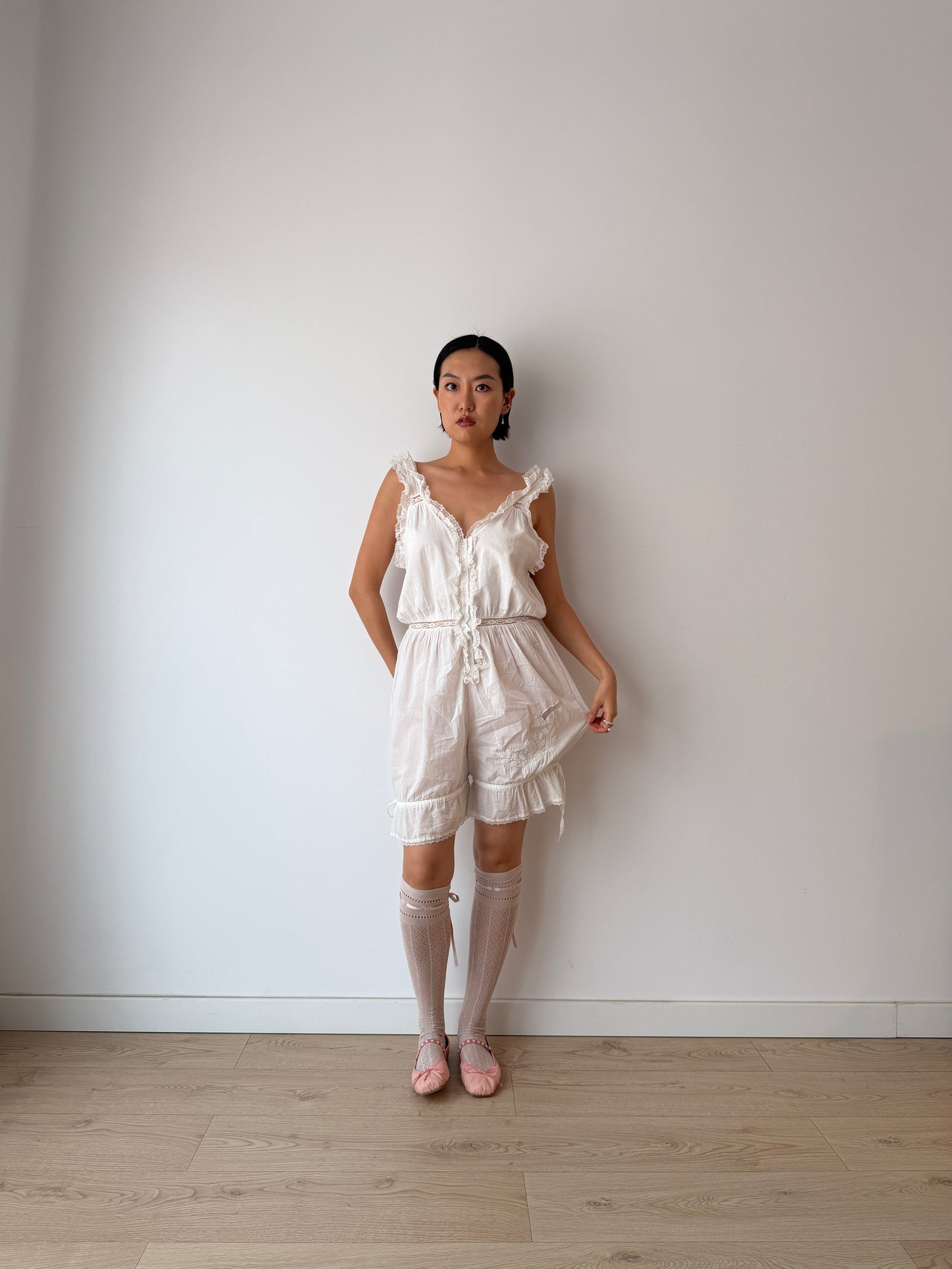 Antique Edwardian Cotton Jumpsuit, Floral Embroidered Lace Romper,