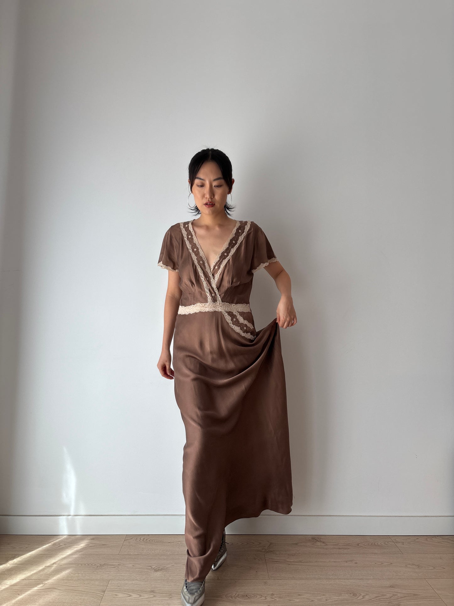 1960s 100% Silk Brown Floral Embroidered French Lace Long Vintage Slip Maxi dress