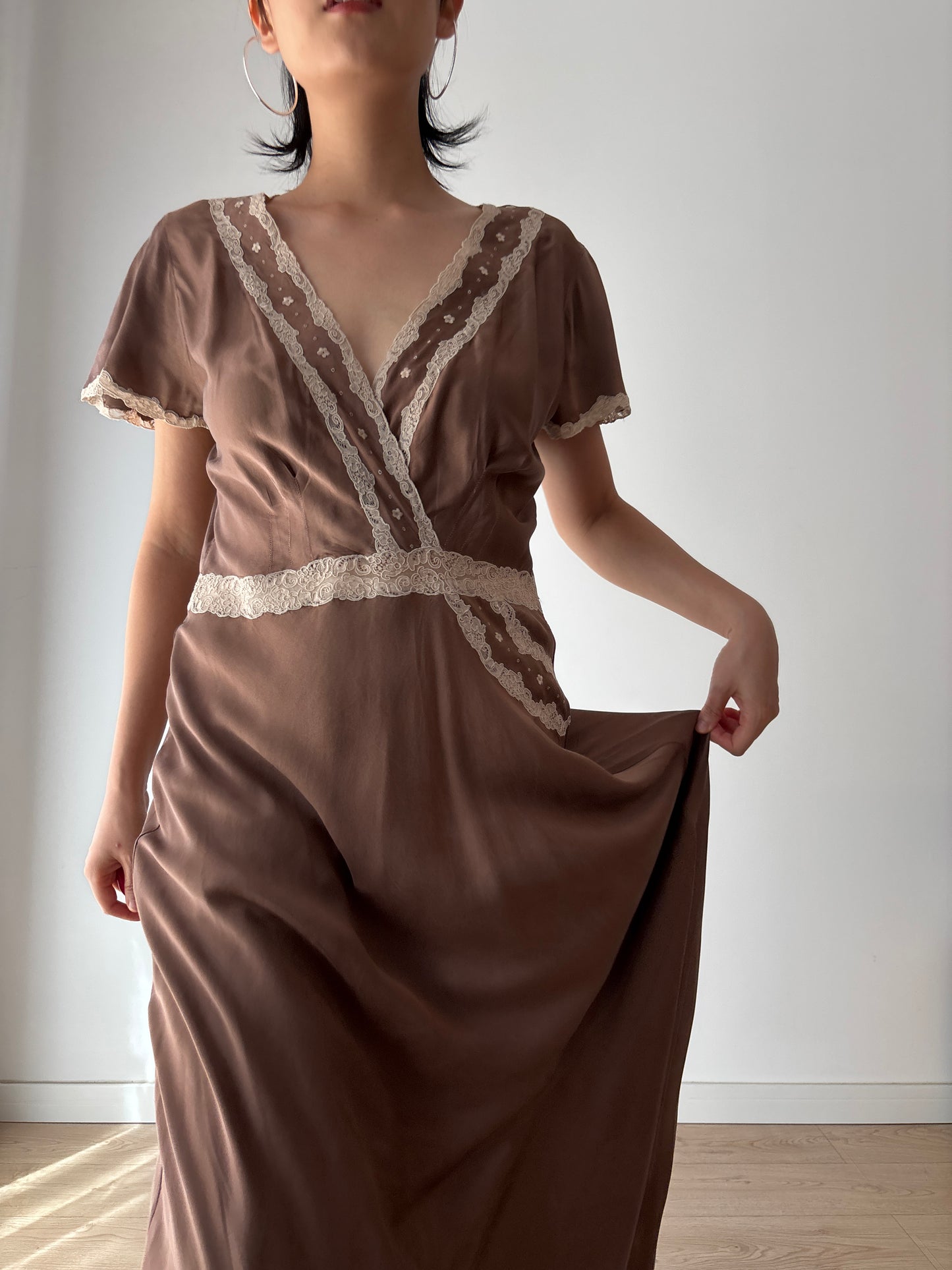 1960s 100% Silk Brown Floral Embroidered French Lace Long Vintage Slip Maxi dress