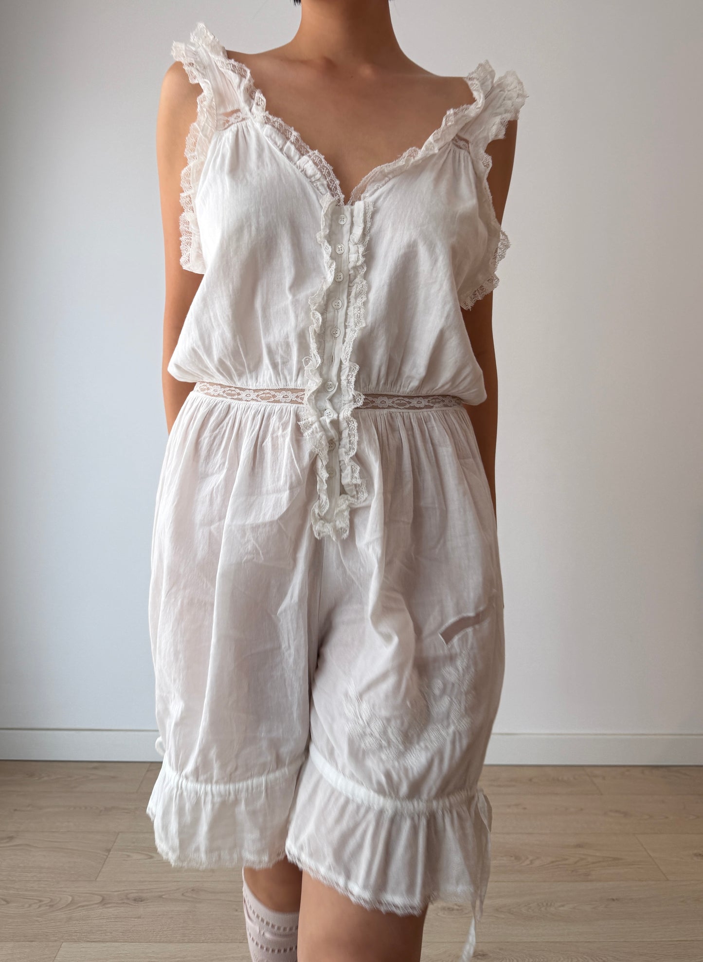 Antique Edwardian Cotton Jumpsuit, Floral Embroidered Lace Romper,