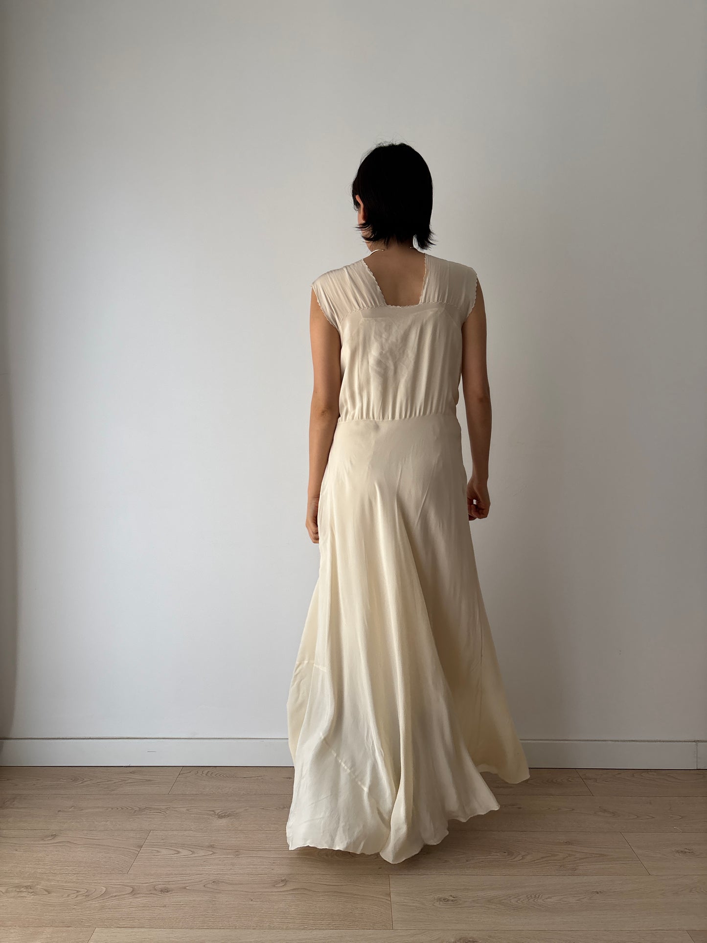 1930s Silk Chiffon Embroidered Ruffled Bias Cut Gown