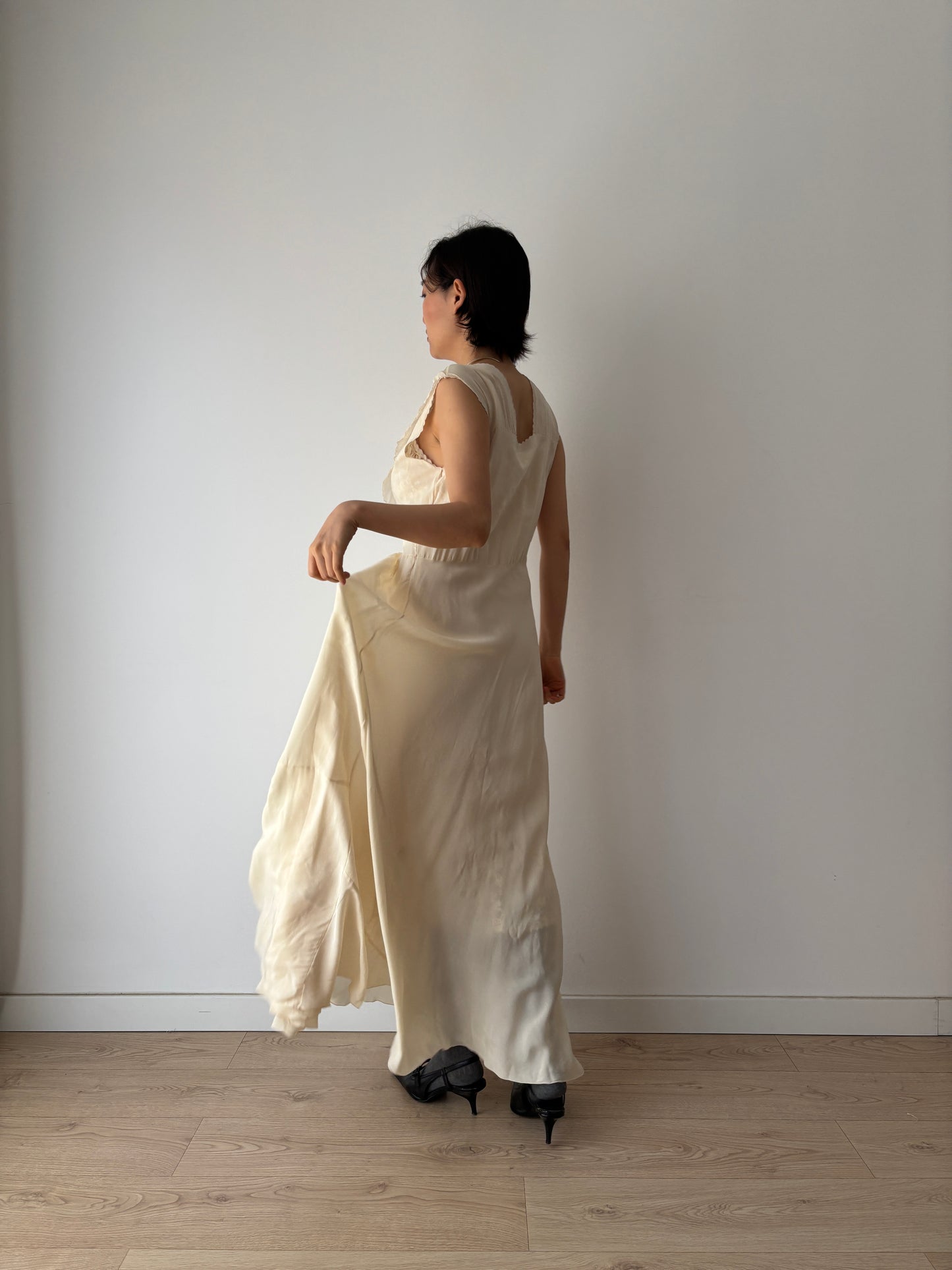 1930s Silk Chiffon Embroidered Ruffled Bias Cut Gown