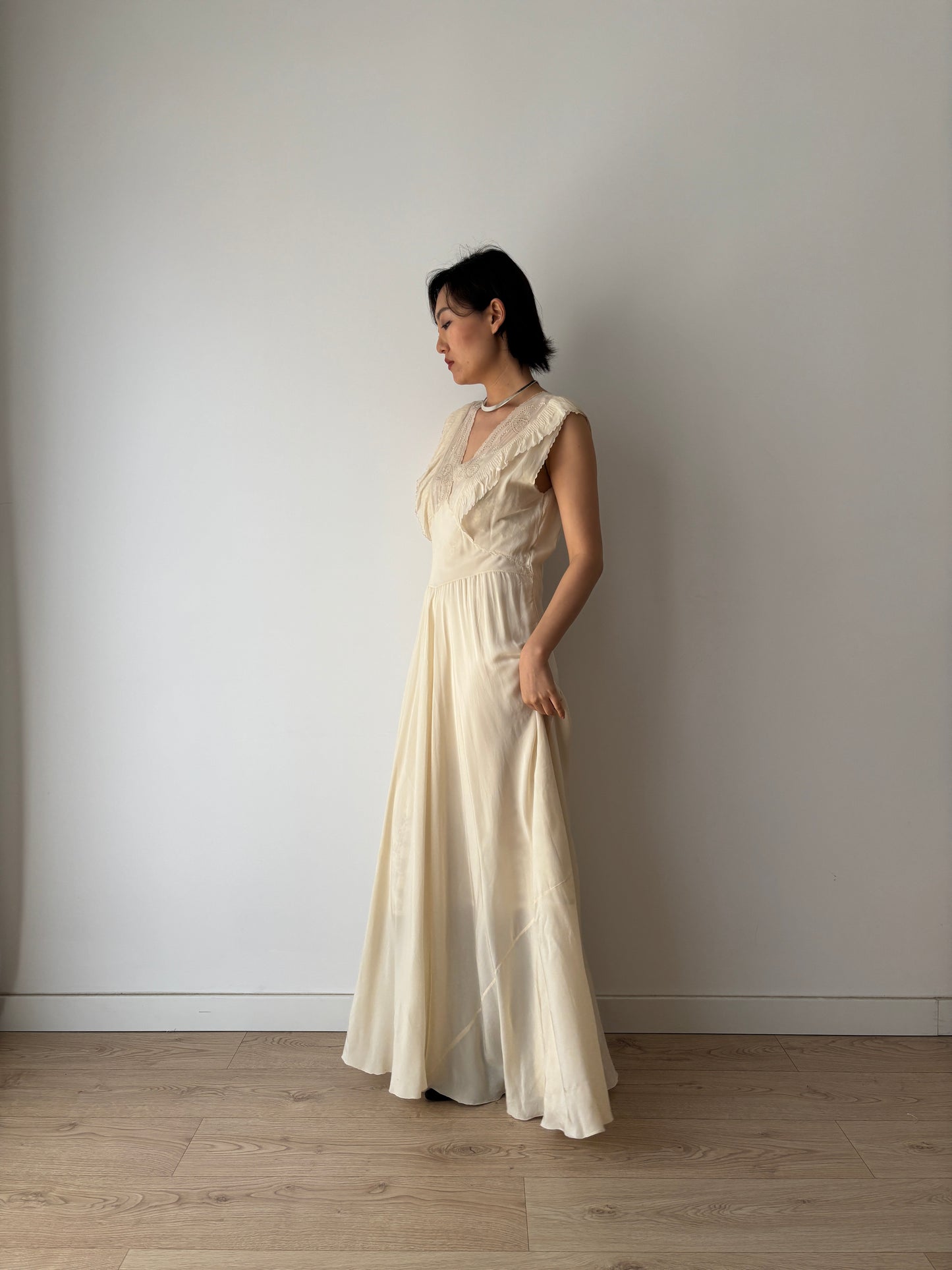1930s Silk Chiffon Embroidered Ruffled Bias Cut Gown