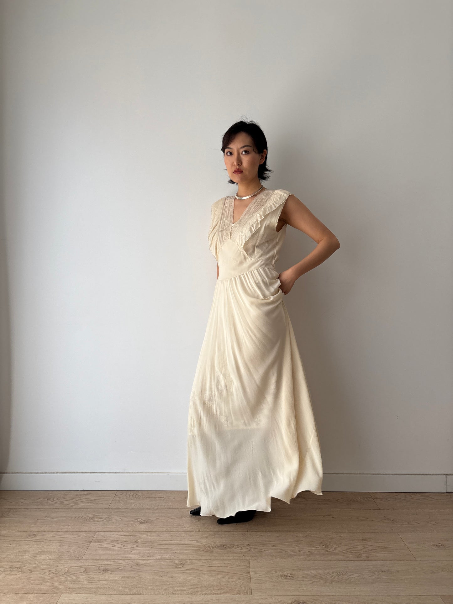 1930s Silk Chiffon Embroidered Ruffled Bias Cut Gown