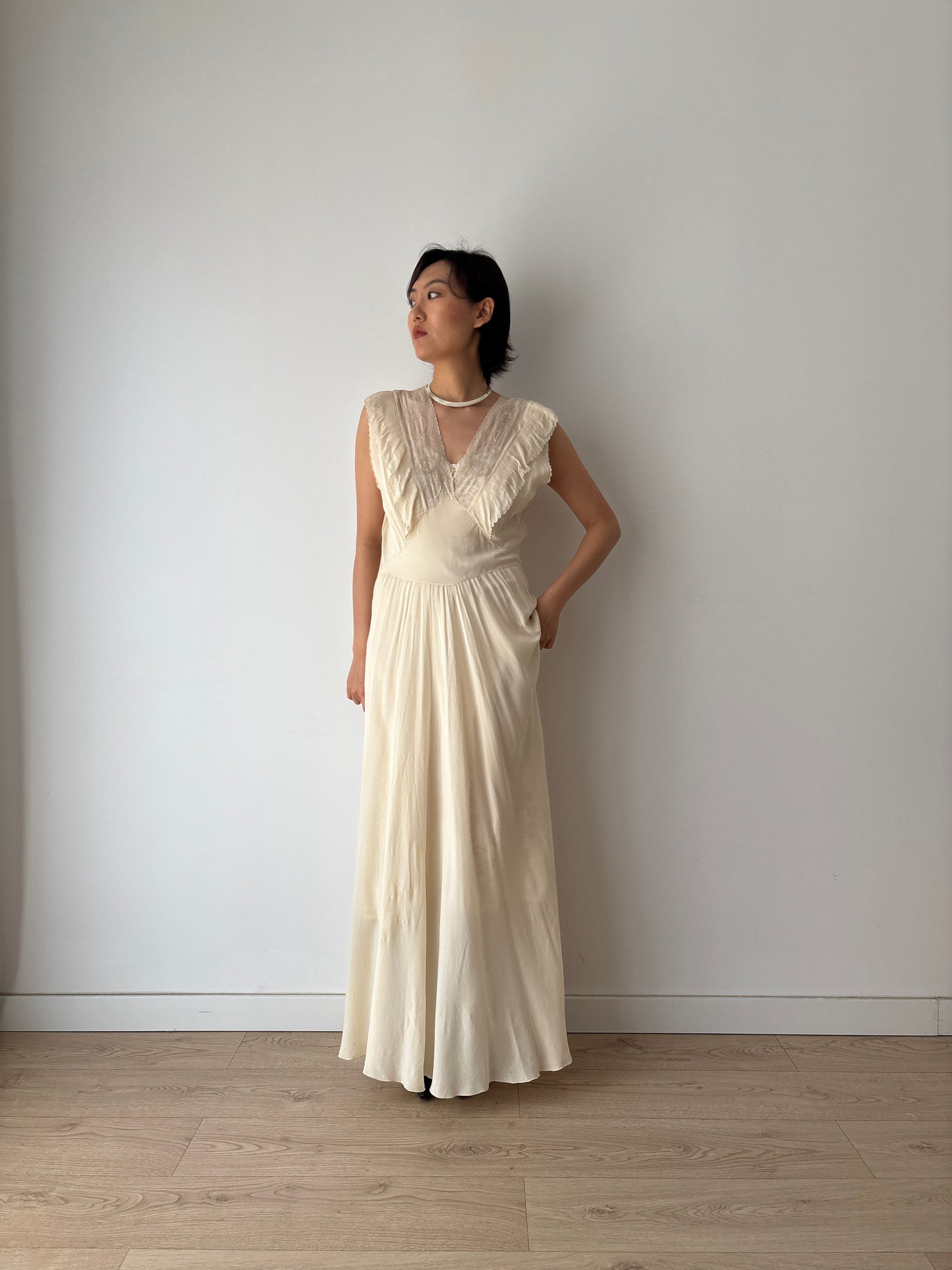 1930s Silk Chiffon Embroidered Ruffled Bias Cut Gown