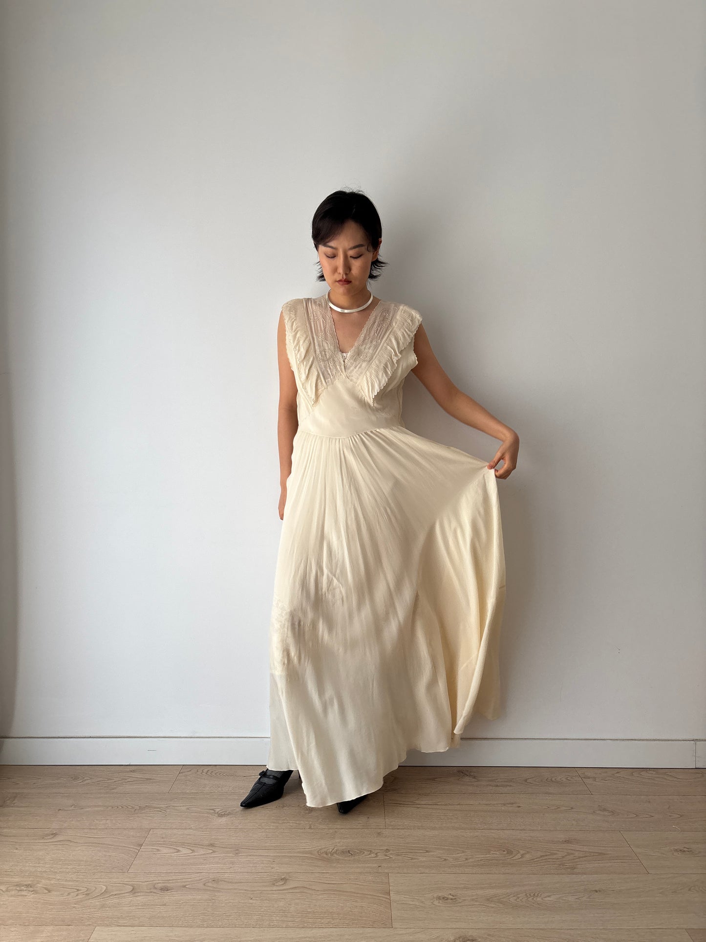 1930s Silk Chiffon Embroidered Ruffled Bias Cut Gown