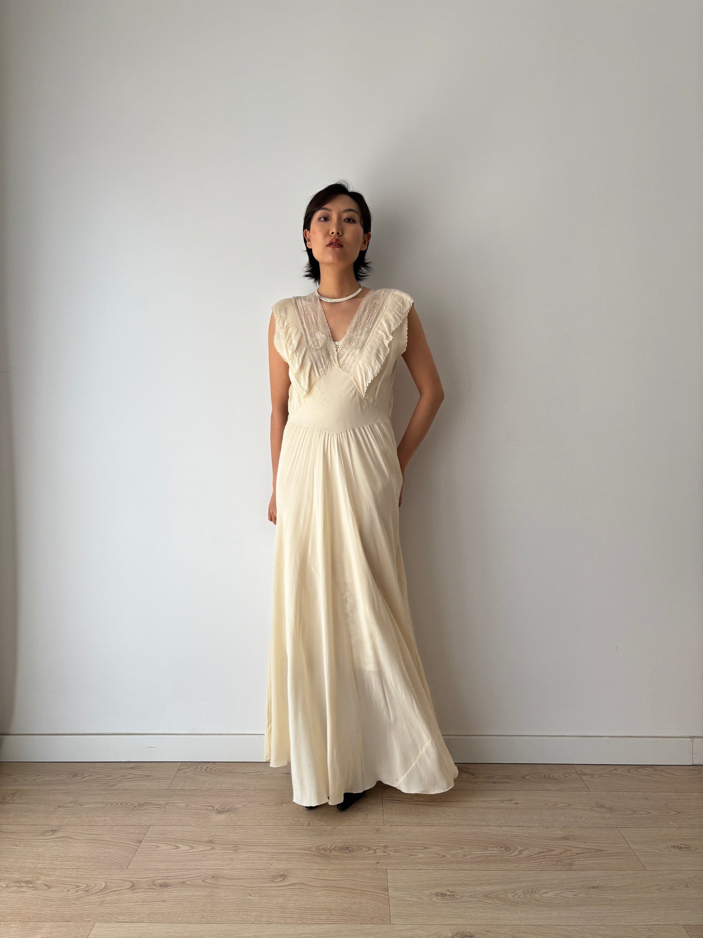 1930s Silk Chiffon Embroidered Ruffled Bias Cut Gown