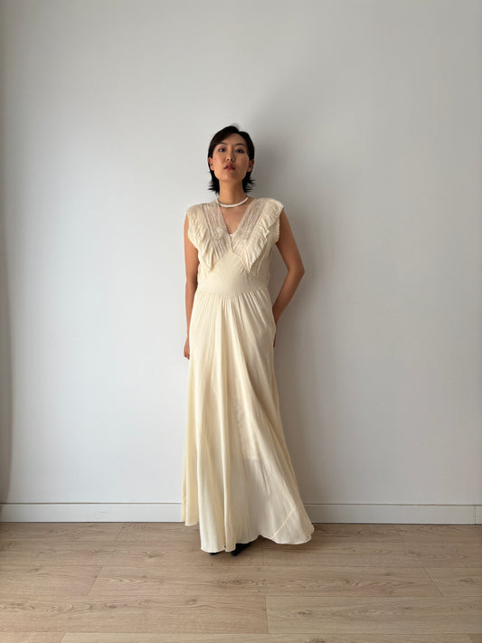 1930s Silk Chiffon Embroidered Ruffled Bias Cut Gown