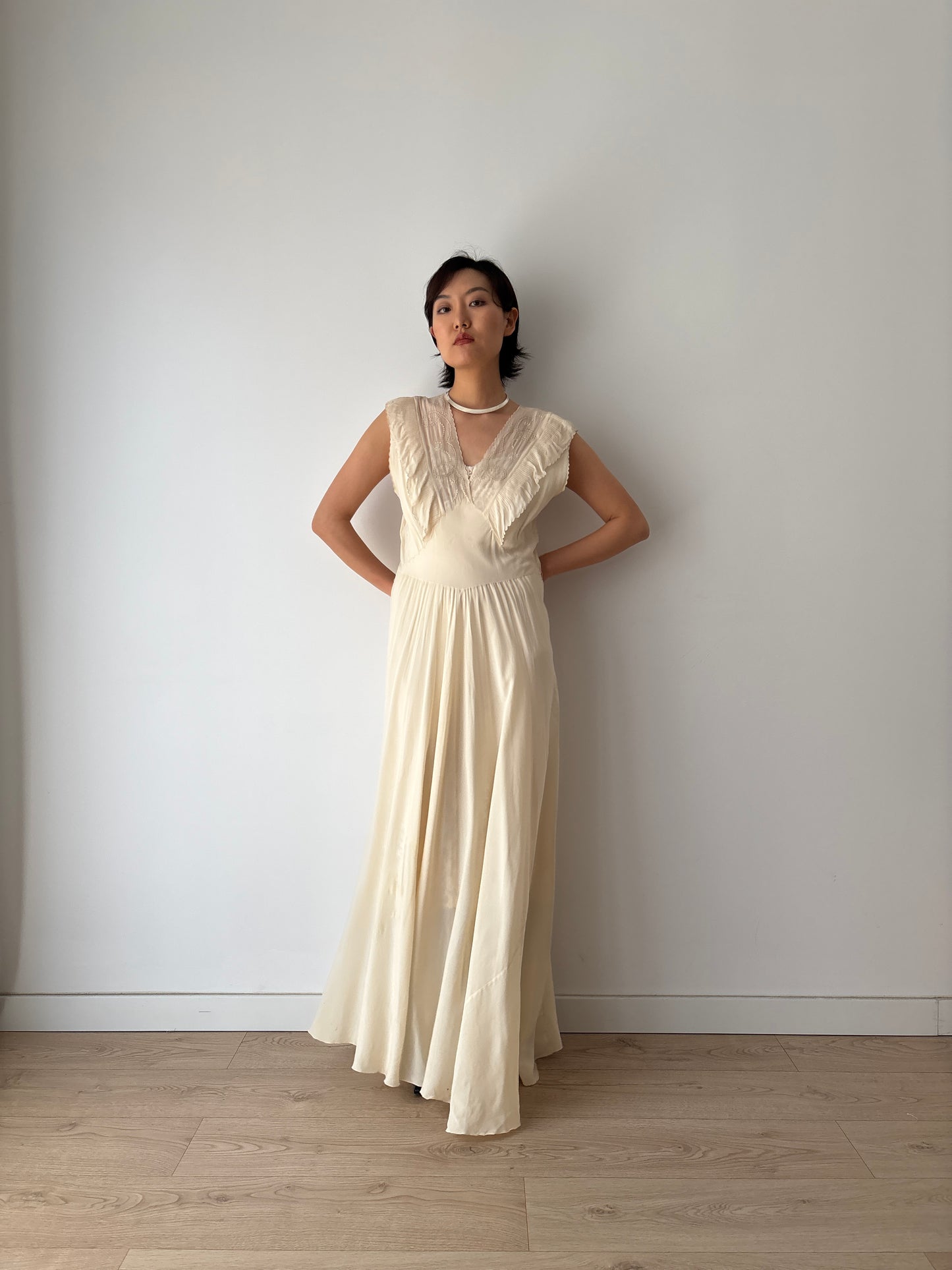 1930s Silk Chiffon Embroidered Ruffled Bias Cut Gown