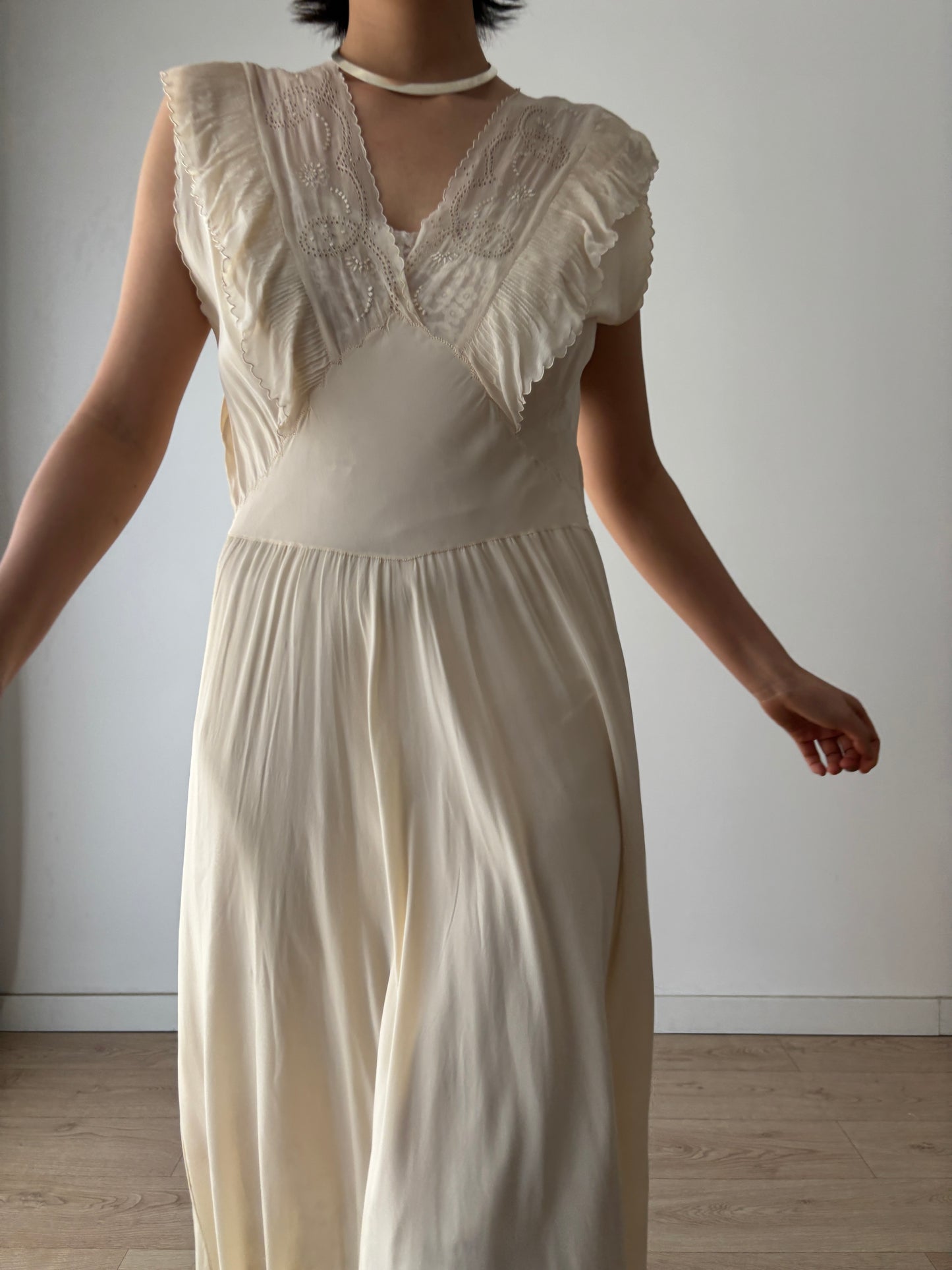 1930s Silk Chiffon Embroidered Ruffled Bias Cut Gown