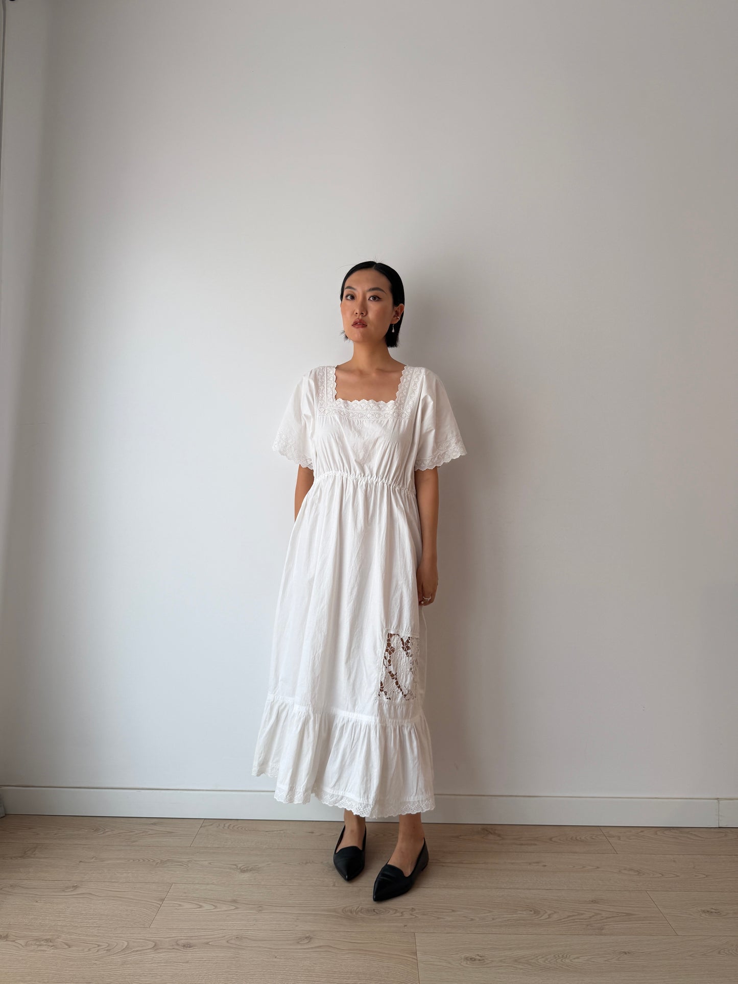 1910s Edwardian Floral French Embroidered Cotton Nightgown