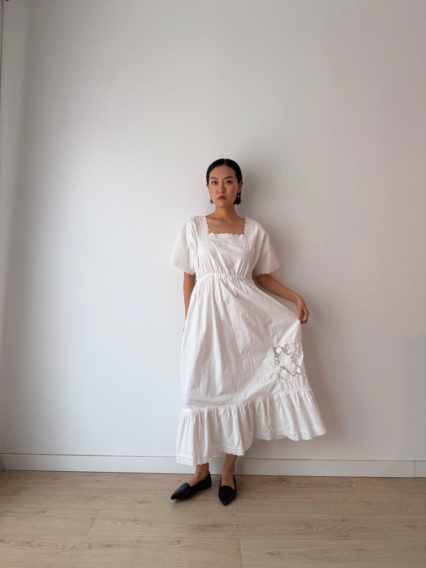 1910s Edwardian Floral French Embroidered Cotton Nightgown