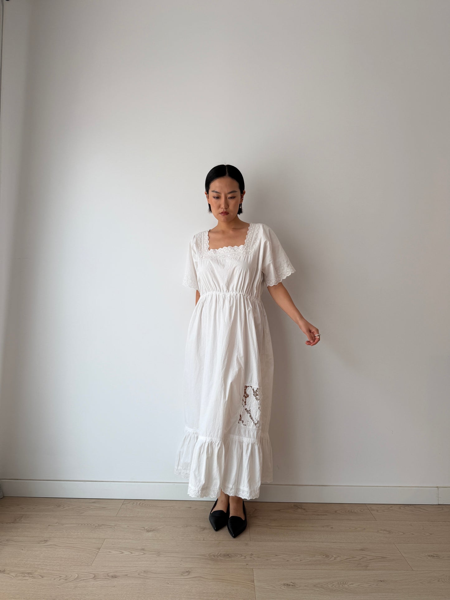 1910s Edwardian Floral French Embroidered Cotton Nightgown
