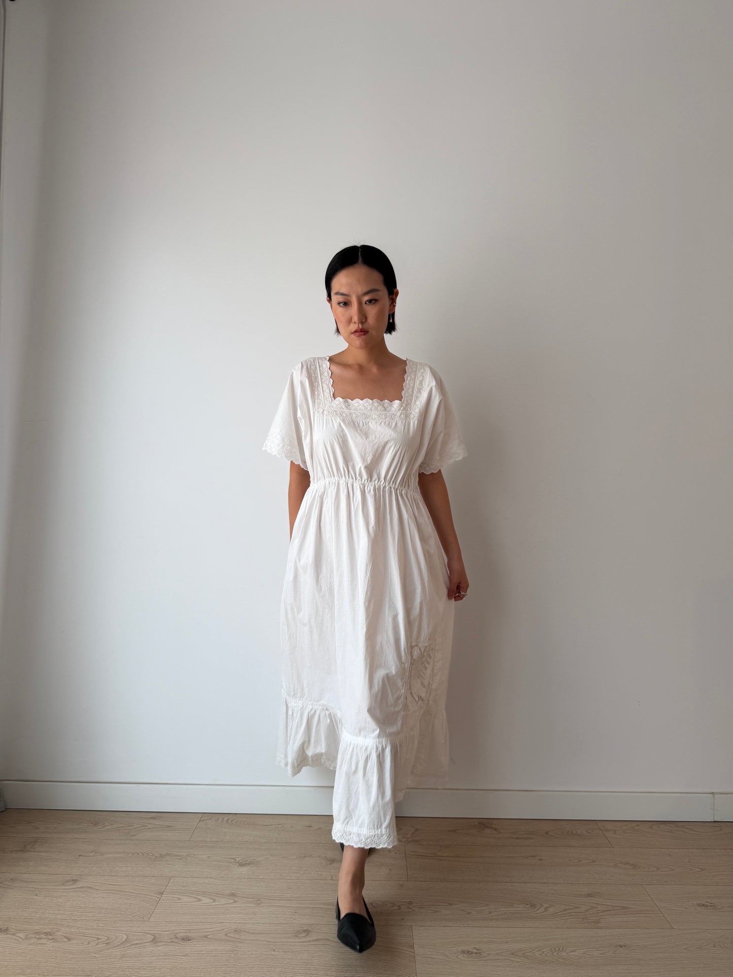 1910s Edwardian Floral French Embroidered Cotton Nightgown