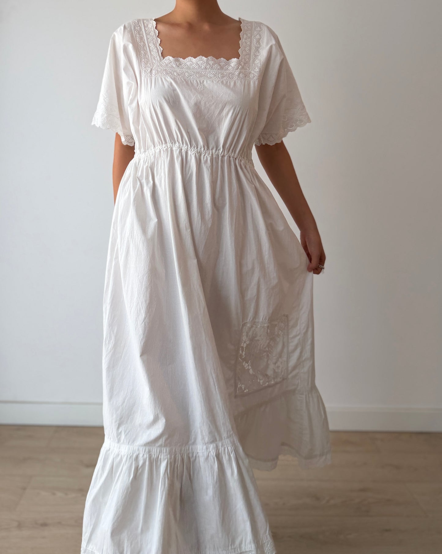 1910s Edwardian Floral French Embroidered Cotton Nightgown