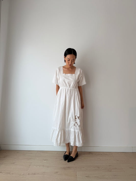 1910s Edwardian Floral French Embroidered Cotton Nightgown
