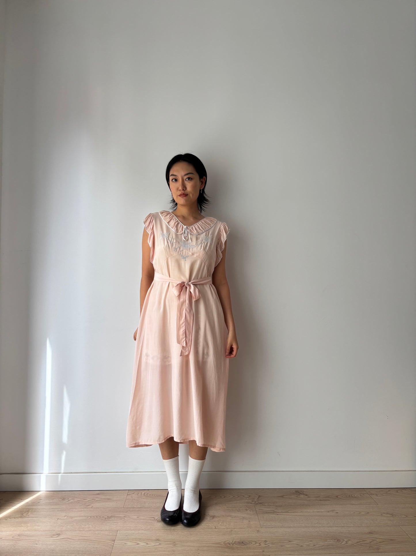 1940s Antique Ruffle Pastel Pink Pure Silk Crepe Flower Embroidered Nightgown