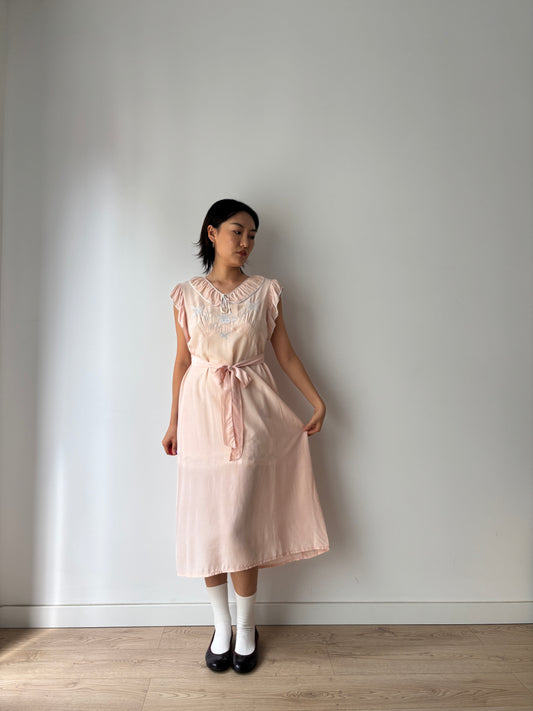 1940s Antique Ruffle Pastel Pink Pure Silk Crepe Flower Embroidered Nightgown