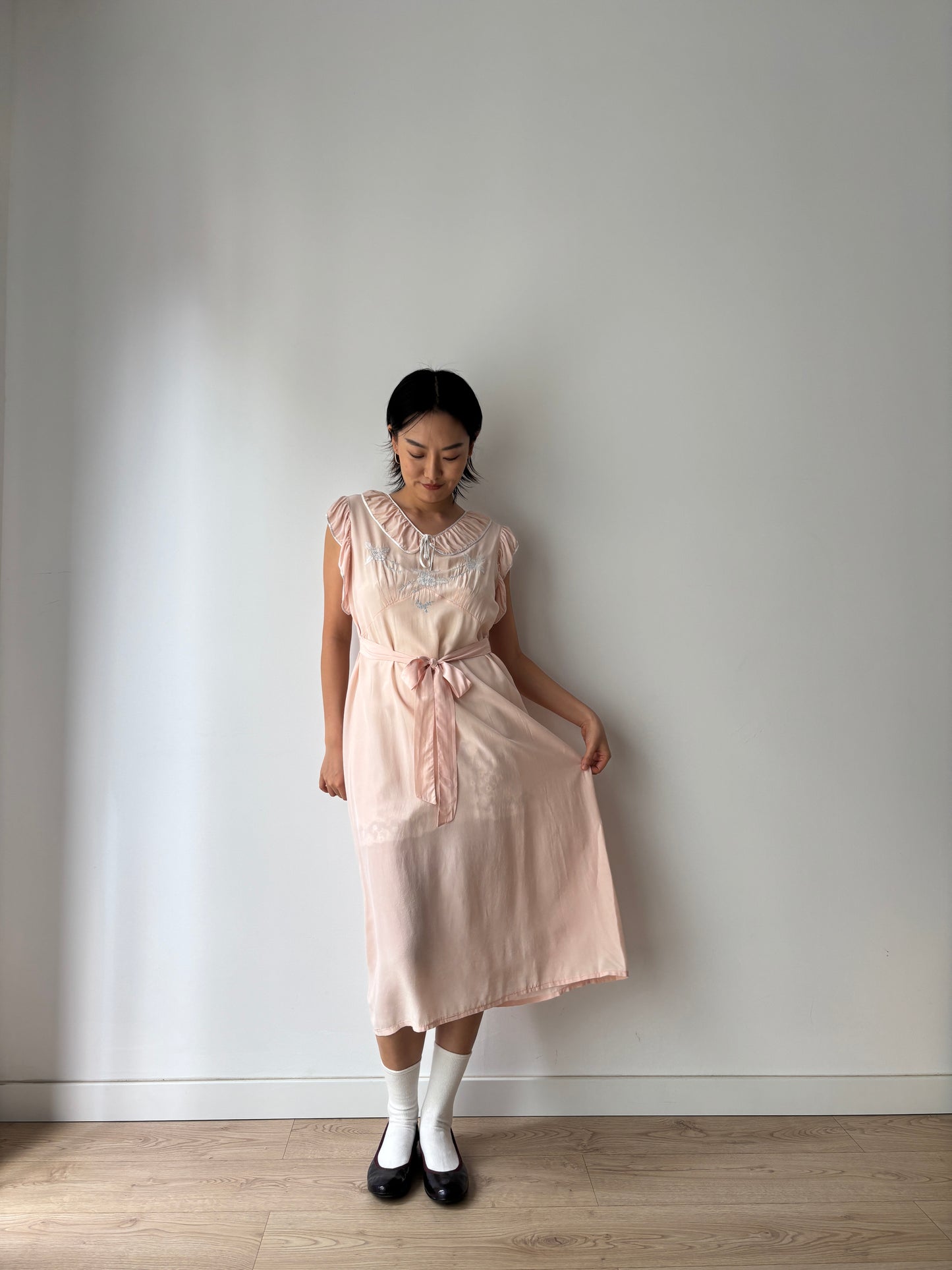 1940s Antique Ruffle Pastel Pink Pure Silk Crepe Flower Embroidered Nightgown