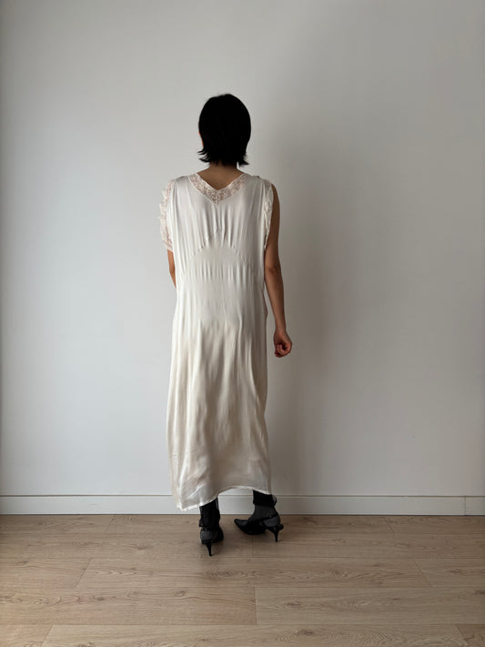 1930s Antique vintage Lace White Silk Satin Embroidered Nightgown, Romantic 30s Cottagecore Bridal Maxi Dress