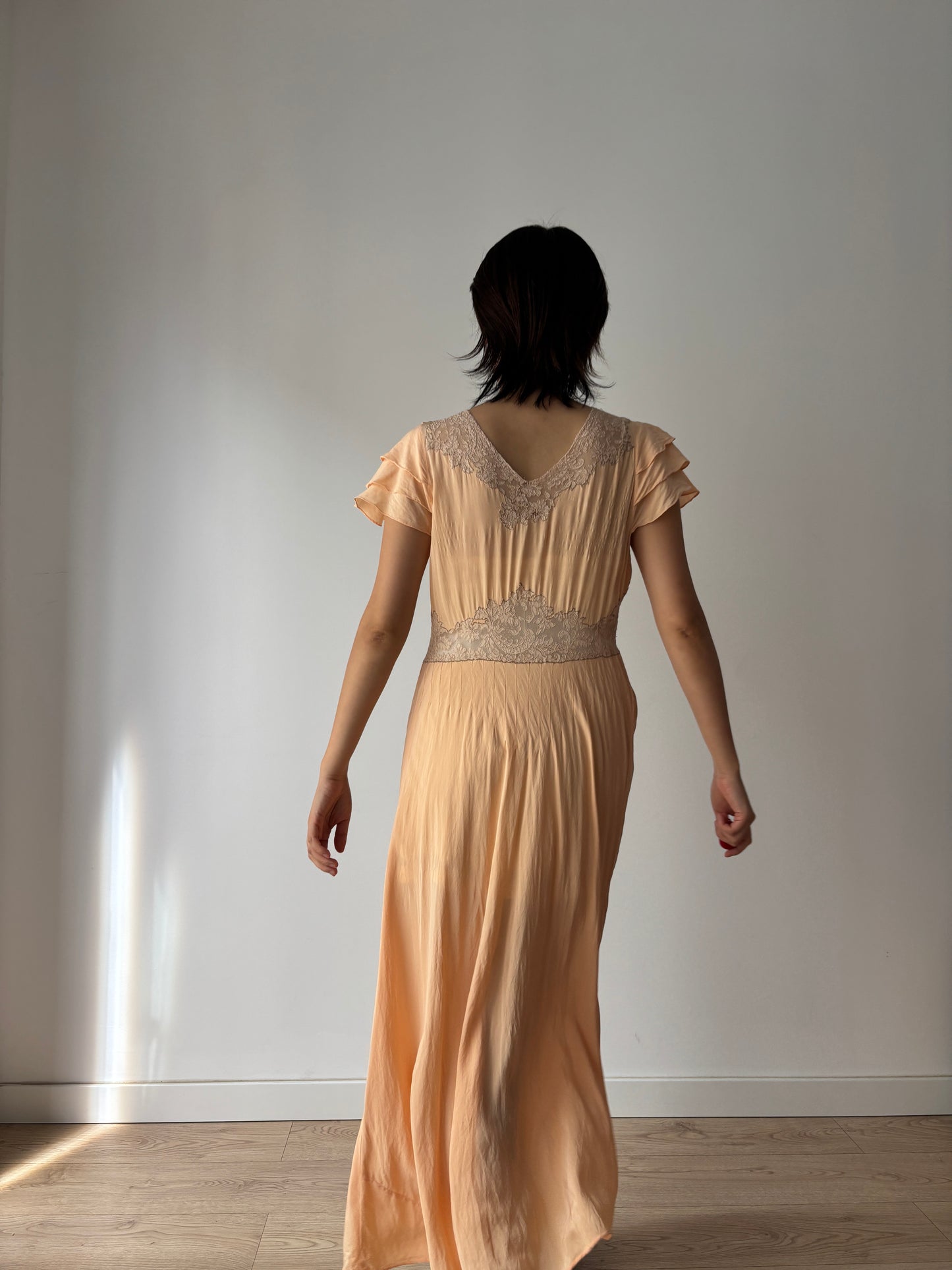 1930s Antique Ruffle Lace Peach Pure Silk Embroidered Nightgown