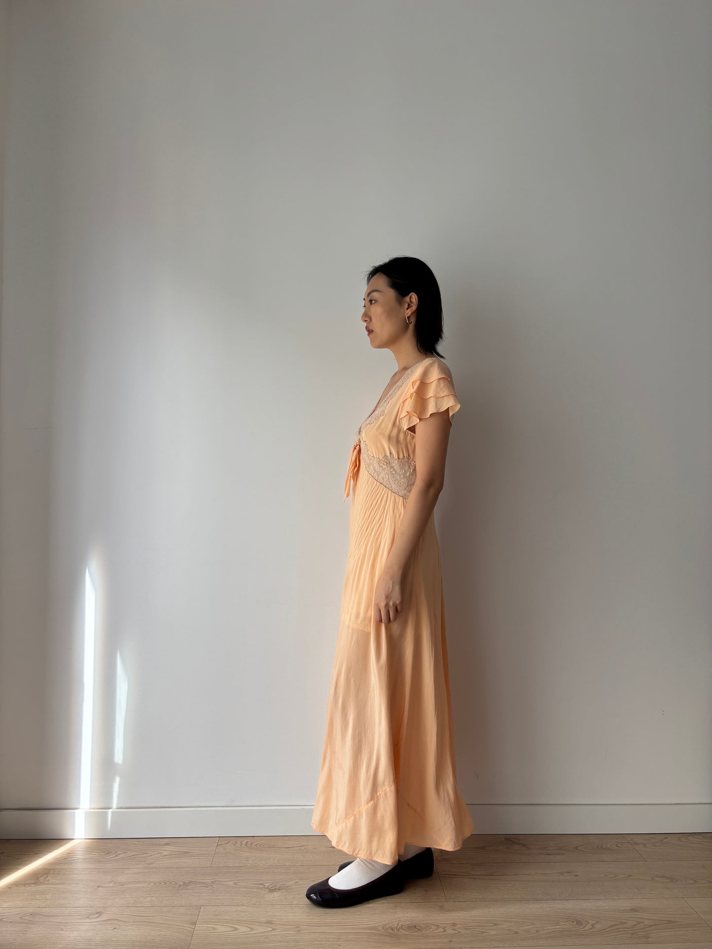 1930s Antique Ruffle Lace Peach Pure Silk Embroidered Nightgown