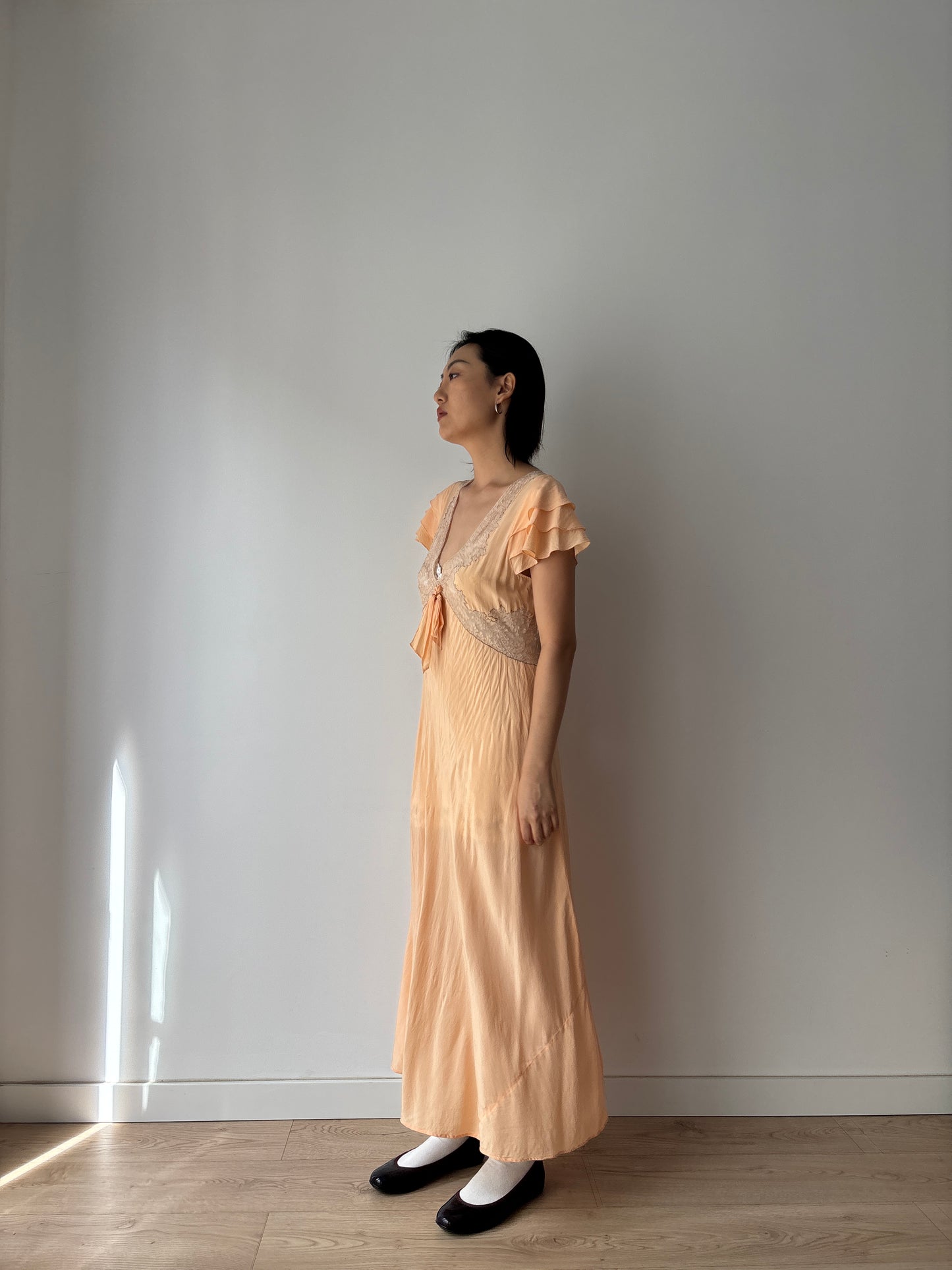 1930s Antique Ruffle Lace Peach Pure Silk Embroidered Nightgown