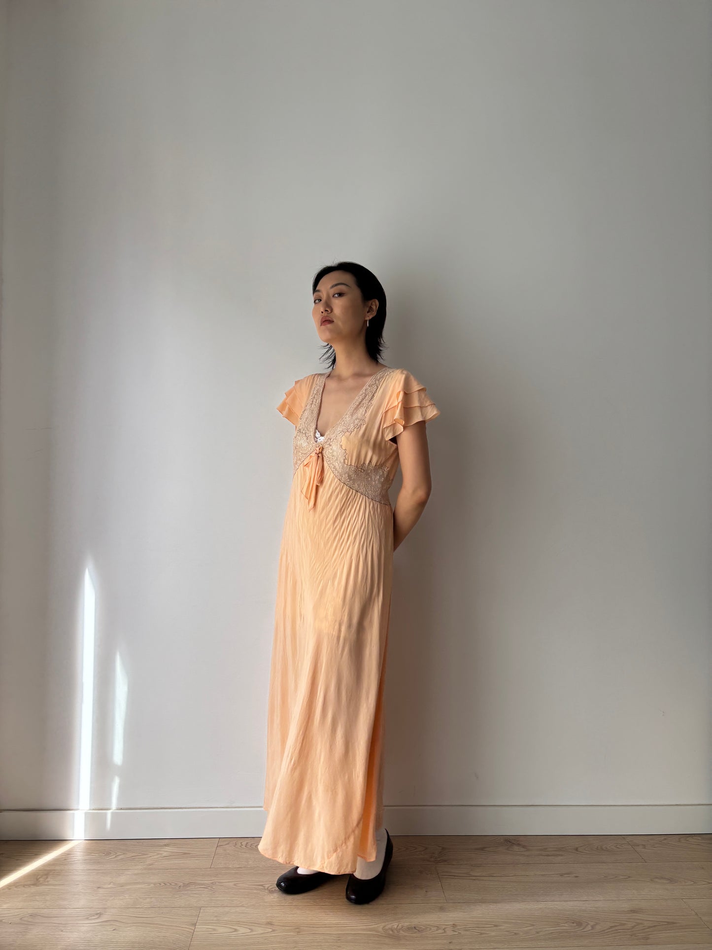 1930s Antique Ruffle Lace Peach Pure Silk Embroidered Nightgown