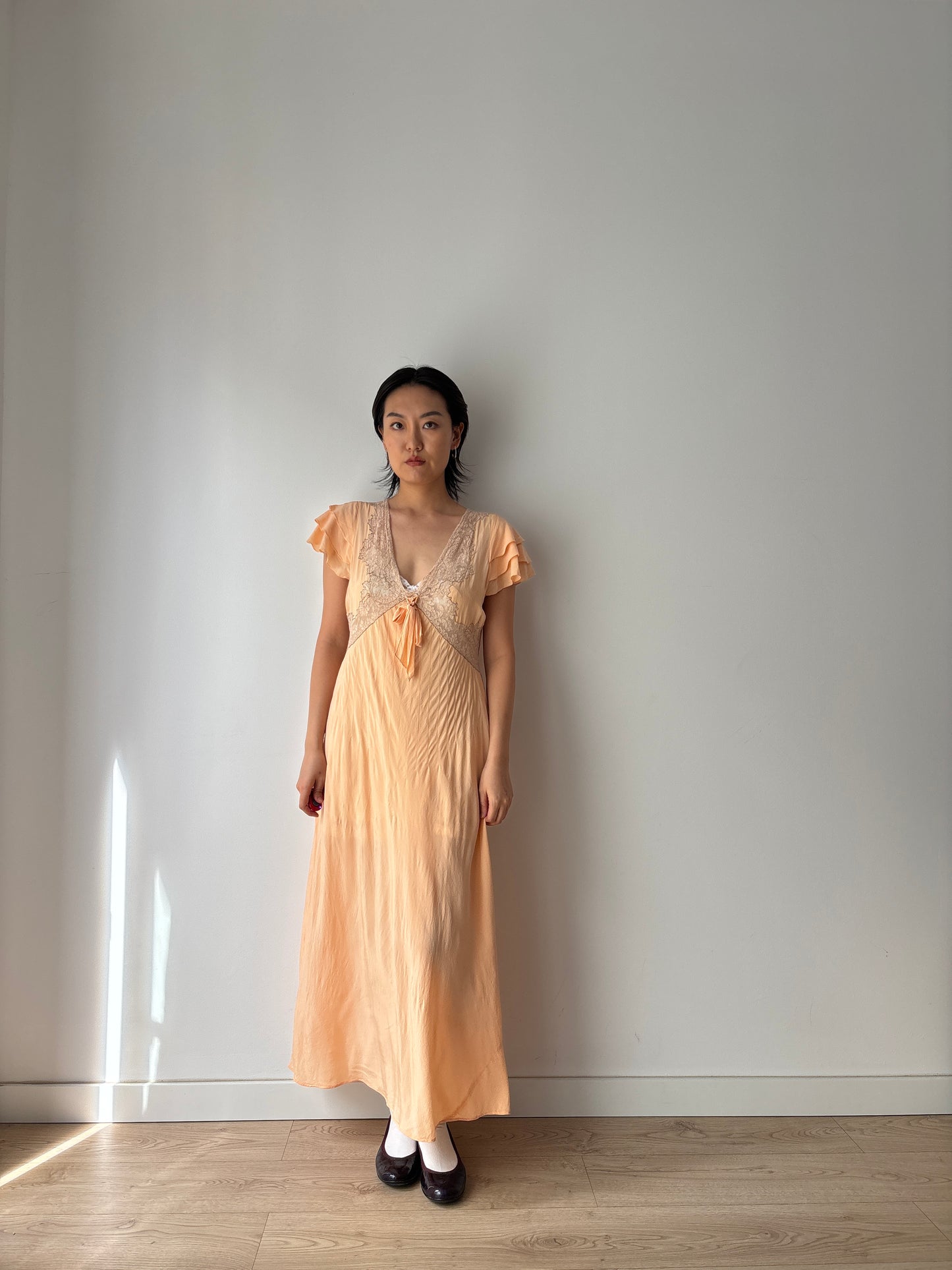 1930s Antique Ruffle Lace Peach Pure Silk Embroidered Nightgown