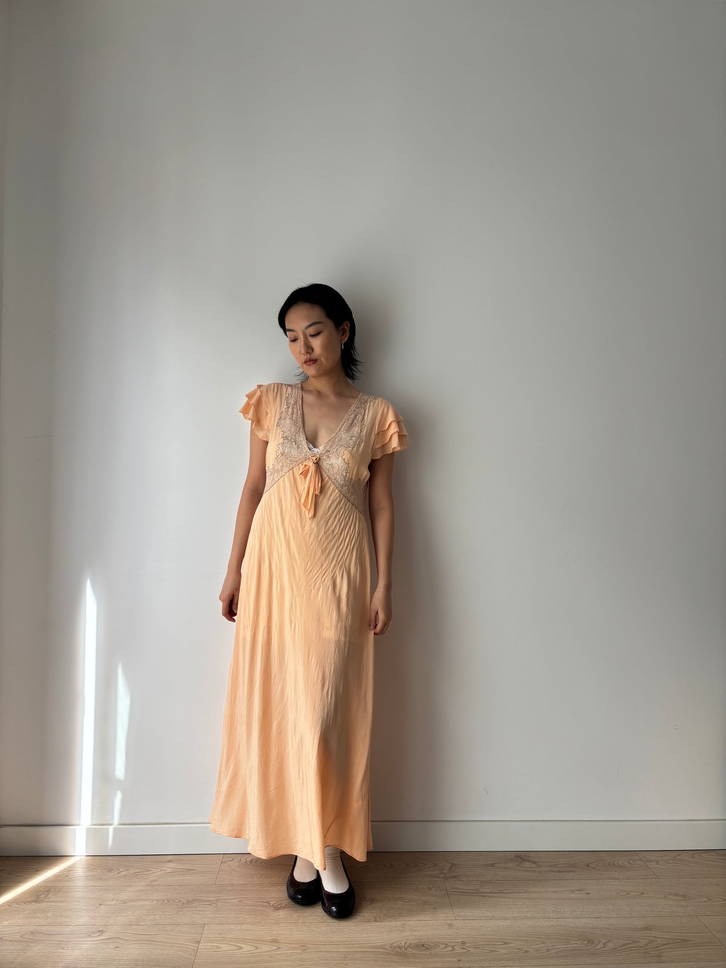 1930s Antique Ruffle Lace Peach Pure Silk Embroidered Nightgown