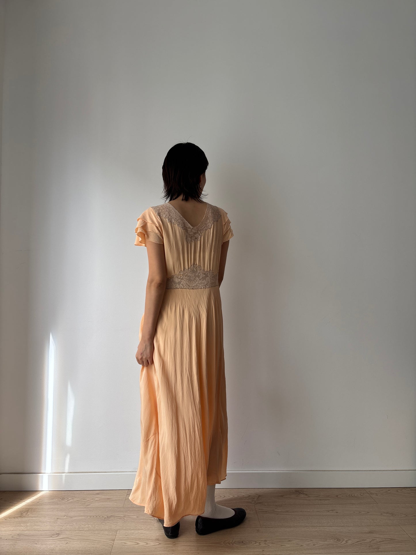 1930s Antique Ruffle Lace Peach Pure Silk Embroidered Nightgown