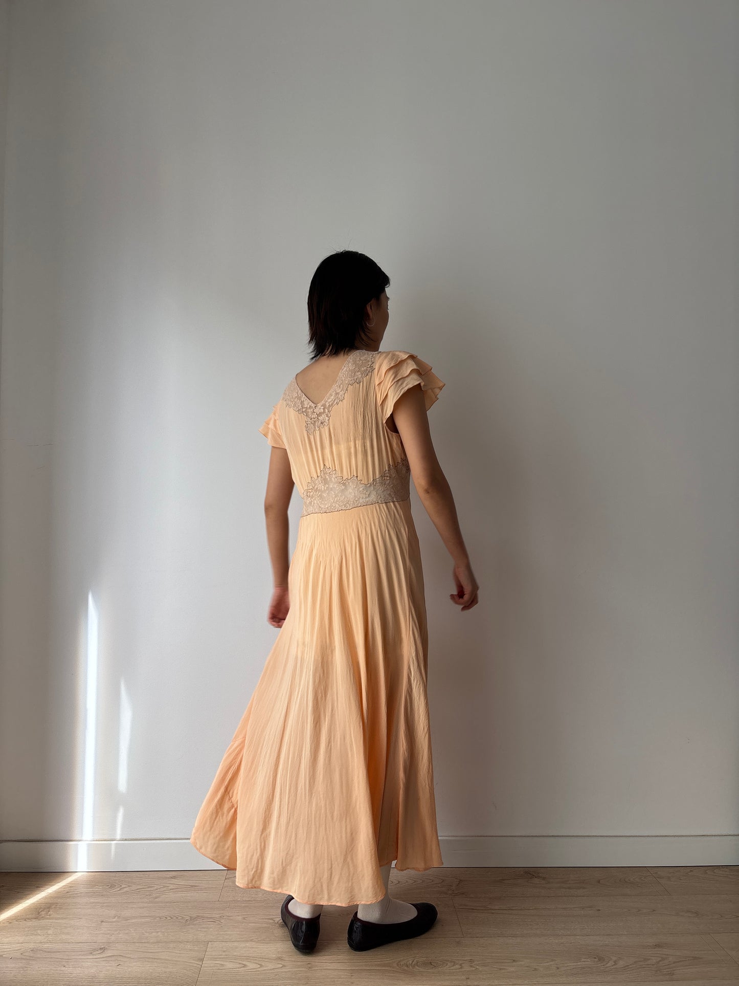 1930s Antique Ruffle Lace Peach Pure Silk Embroidered Nightgown