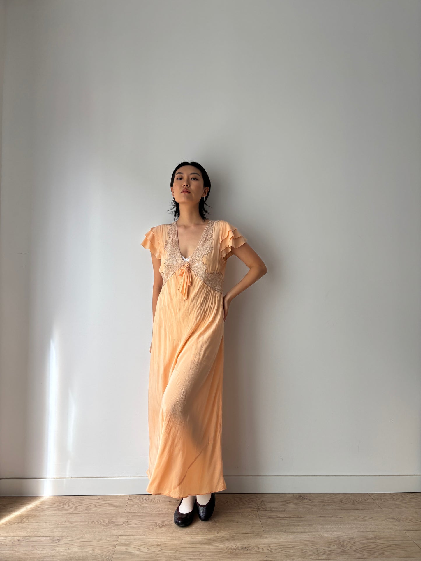 1930s Antique Ruffle Lace Peach Pure Silk Embroidered Nightgown