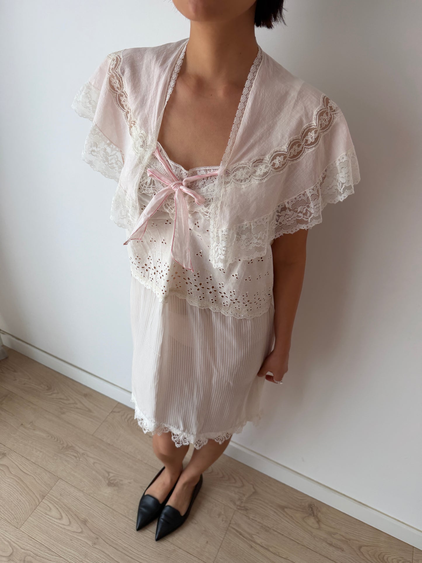 1920s Pink French Lace Cotton Bolero Embroidered Bed Jacket