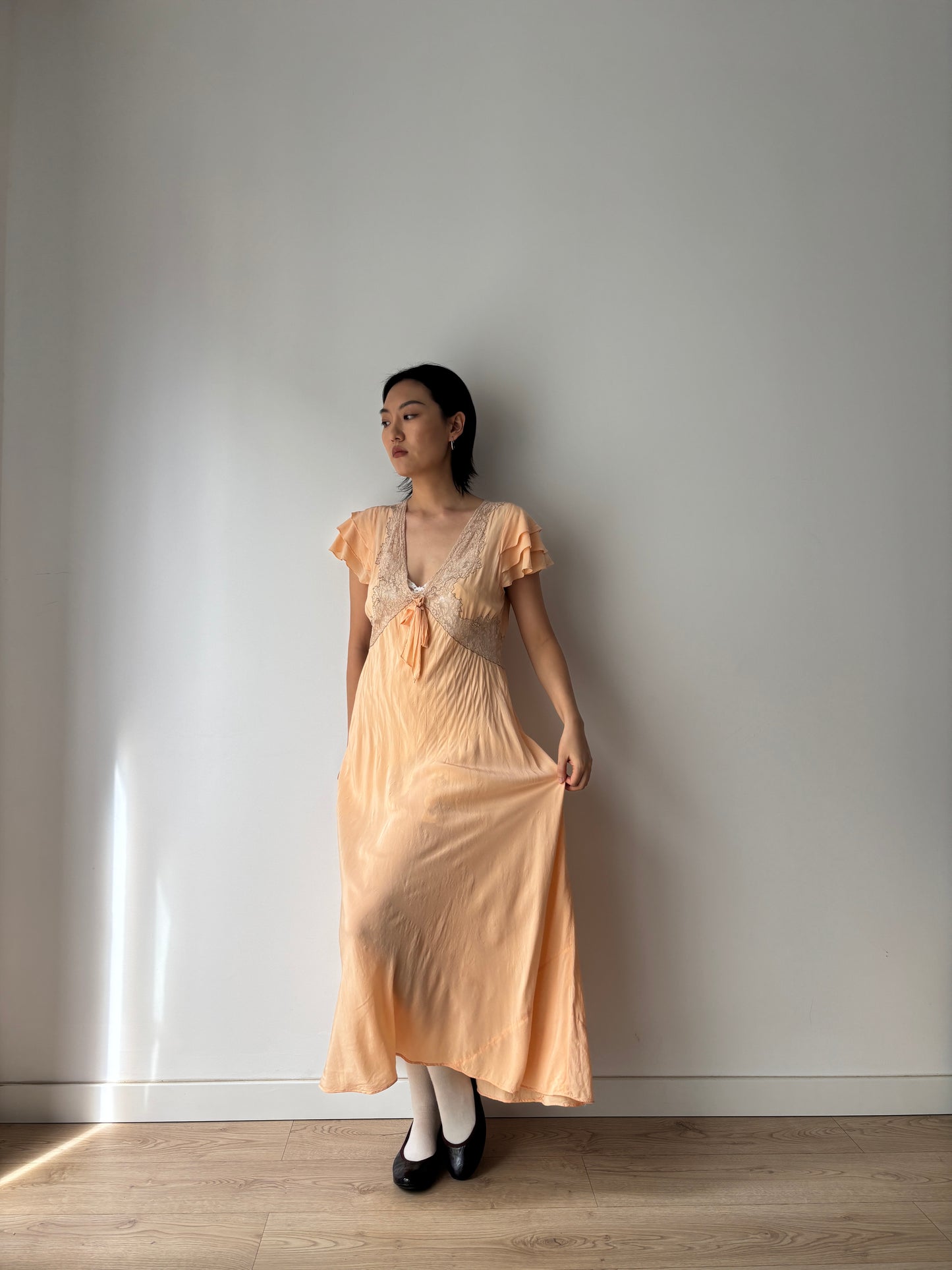 1930s Antique Ruffle Lace Peach Pure Silk Embroidered Nightgown